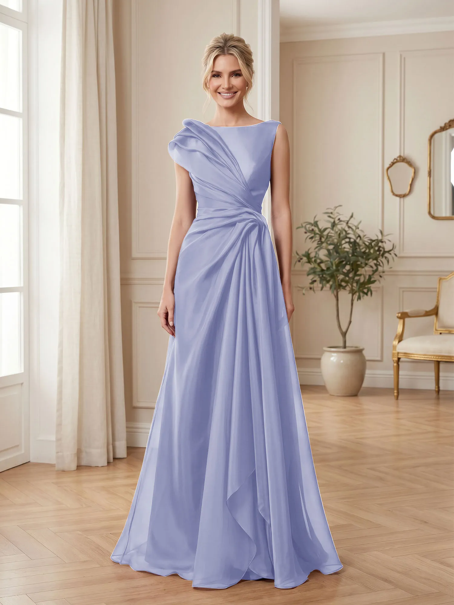 A Line Ruched Draped Tulle Evening Gown