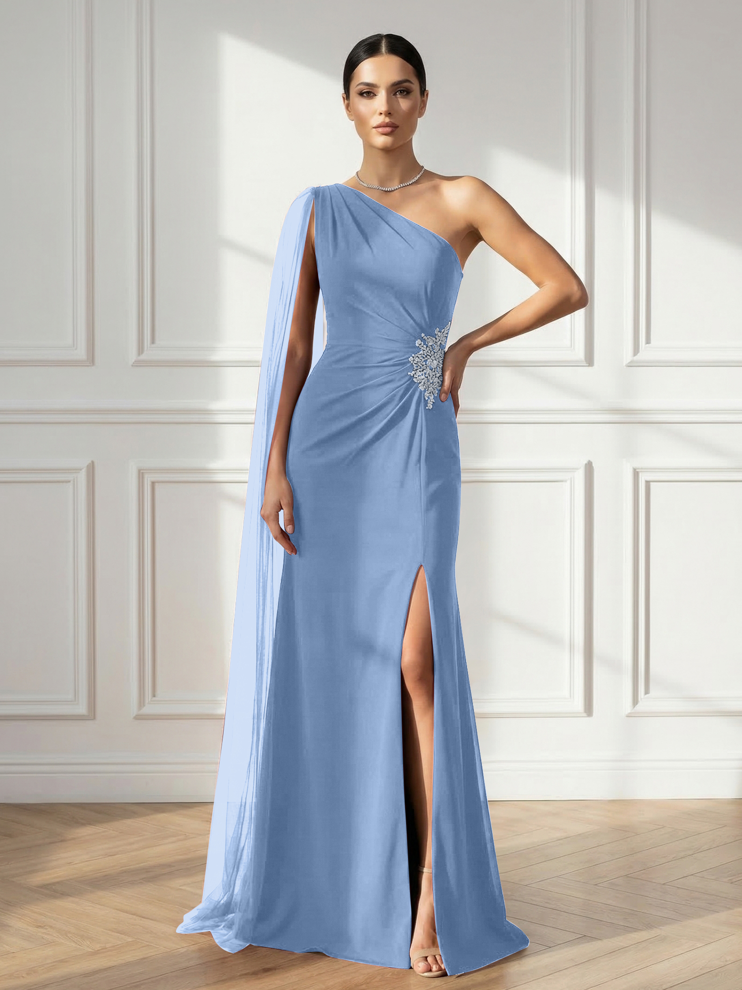 Formal Evening Dress Burgundy One Shoulder Slit Maxi Dress Gown