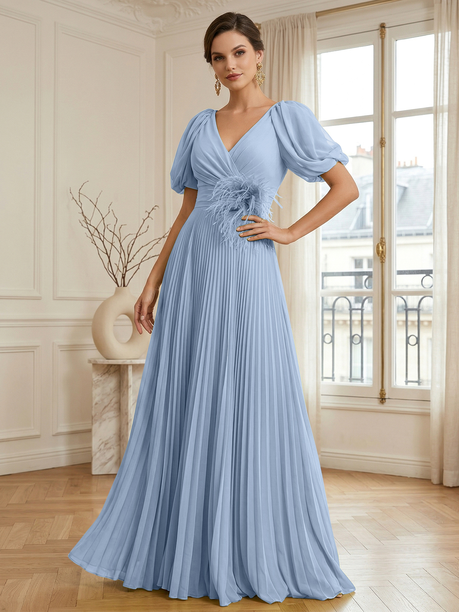 A-Line Chiffon Evening Gown with Feather V-Neck Short Sleeves Formal Dress