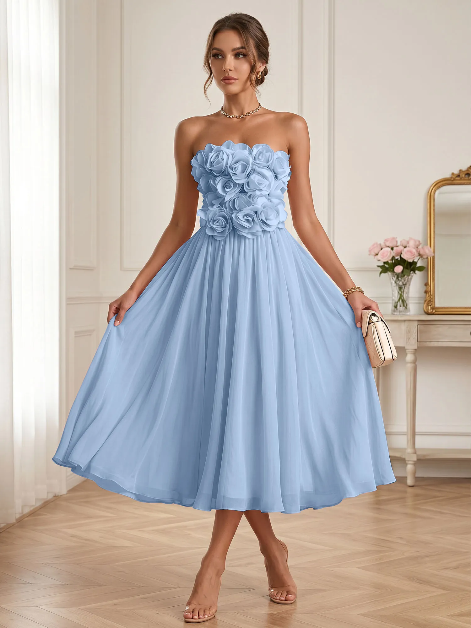 Strapless 3D Floral Chiffon A-Line Midi Formal Dress