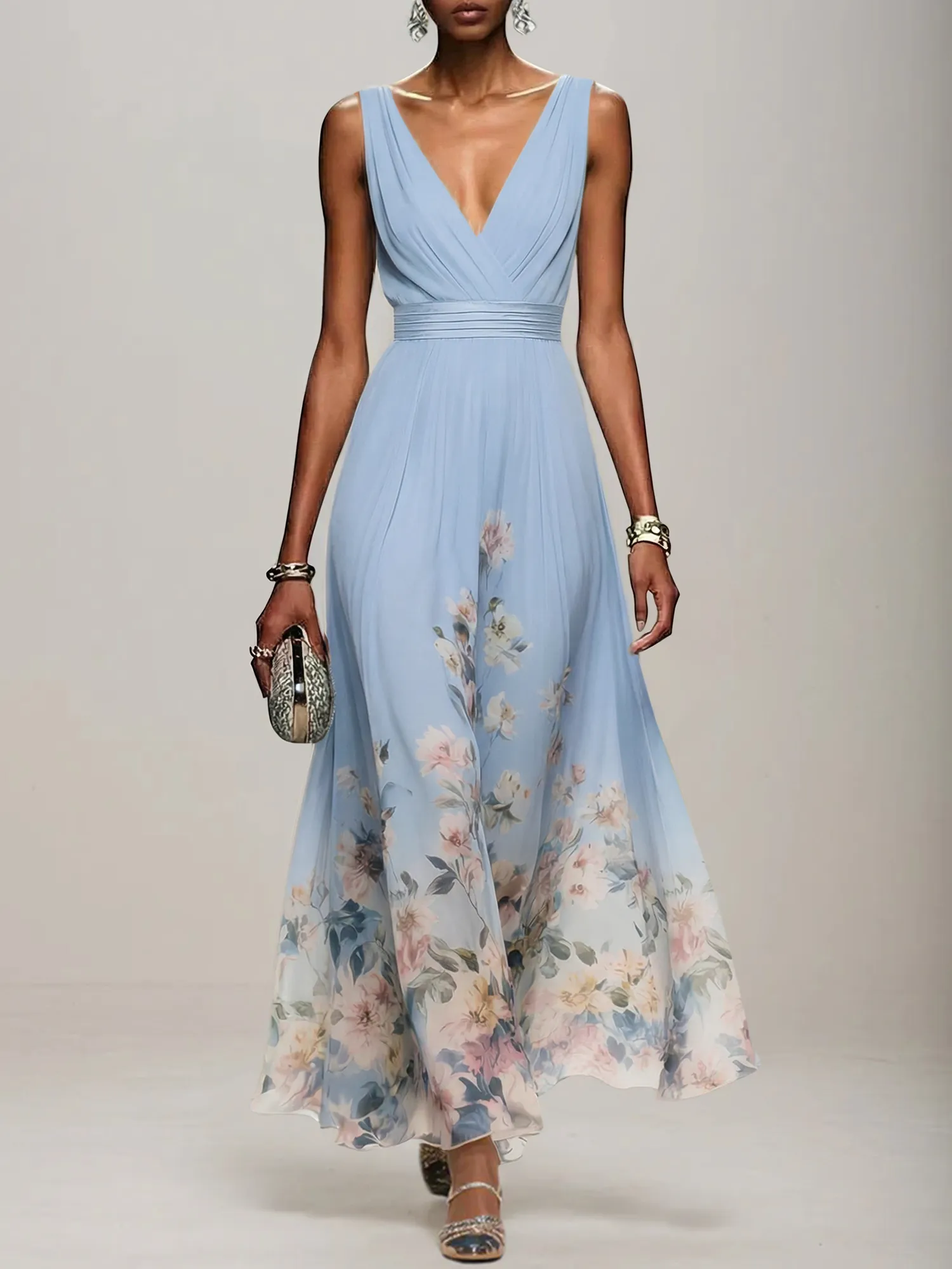 V-Neck Floral Print Chiffon Maxi Evening Dress with Satin Waist Bow