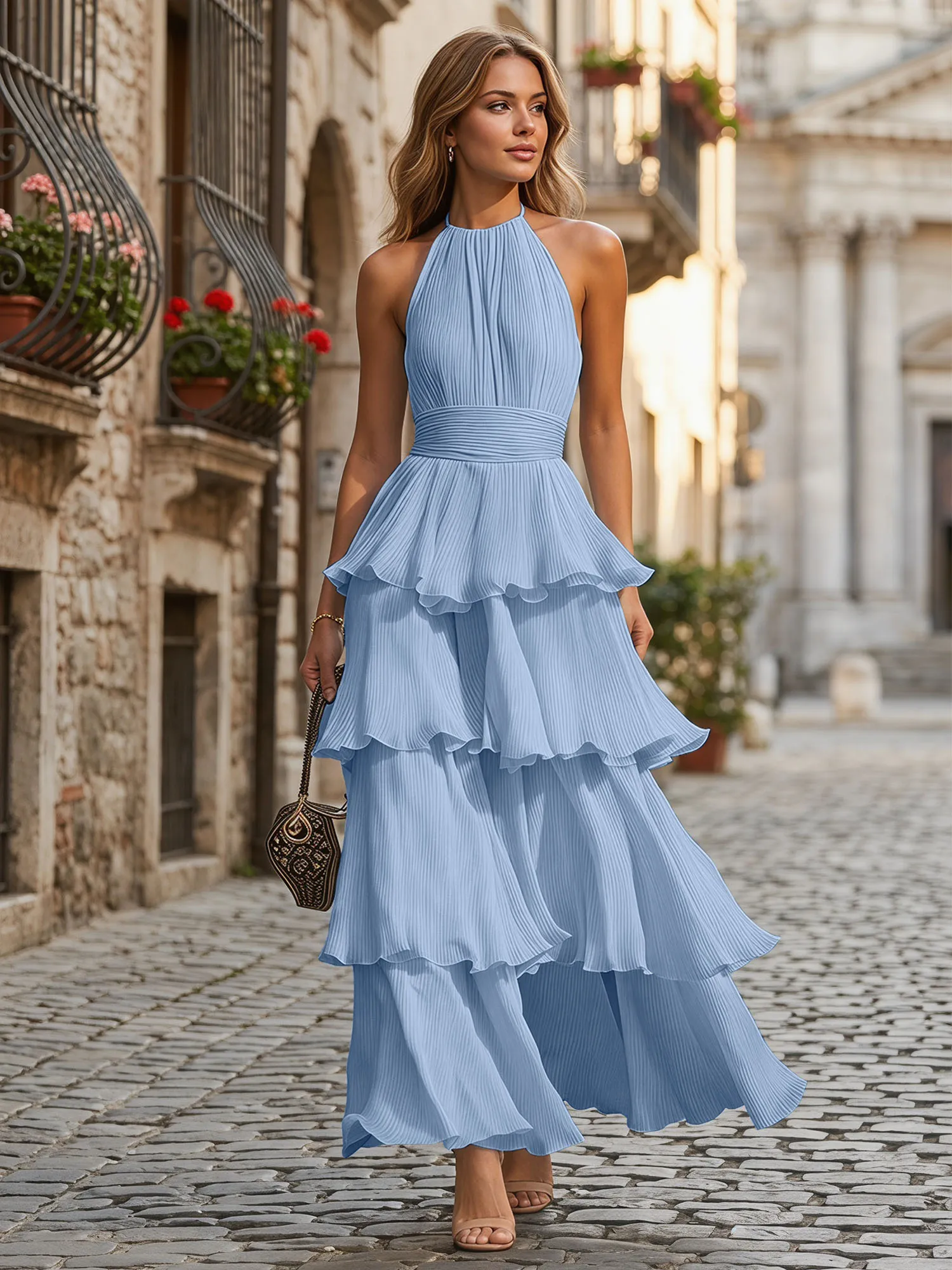 A Line Halter Neck Tiered Ruffle Chiffon Evening Dress