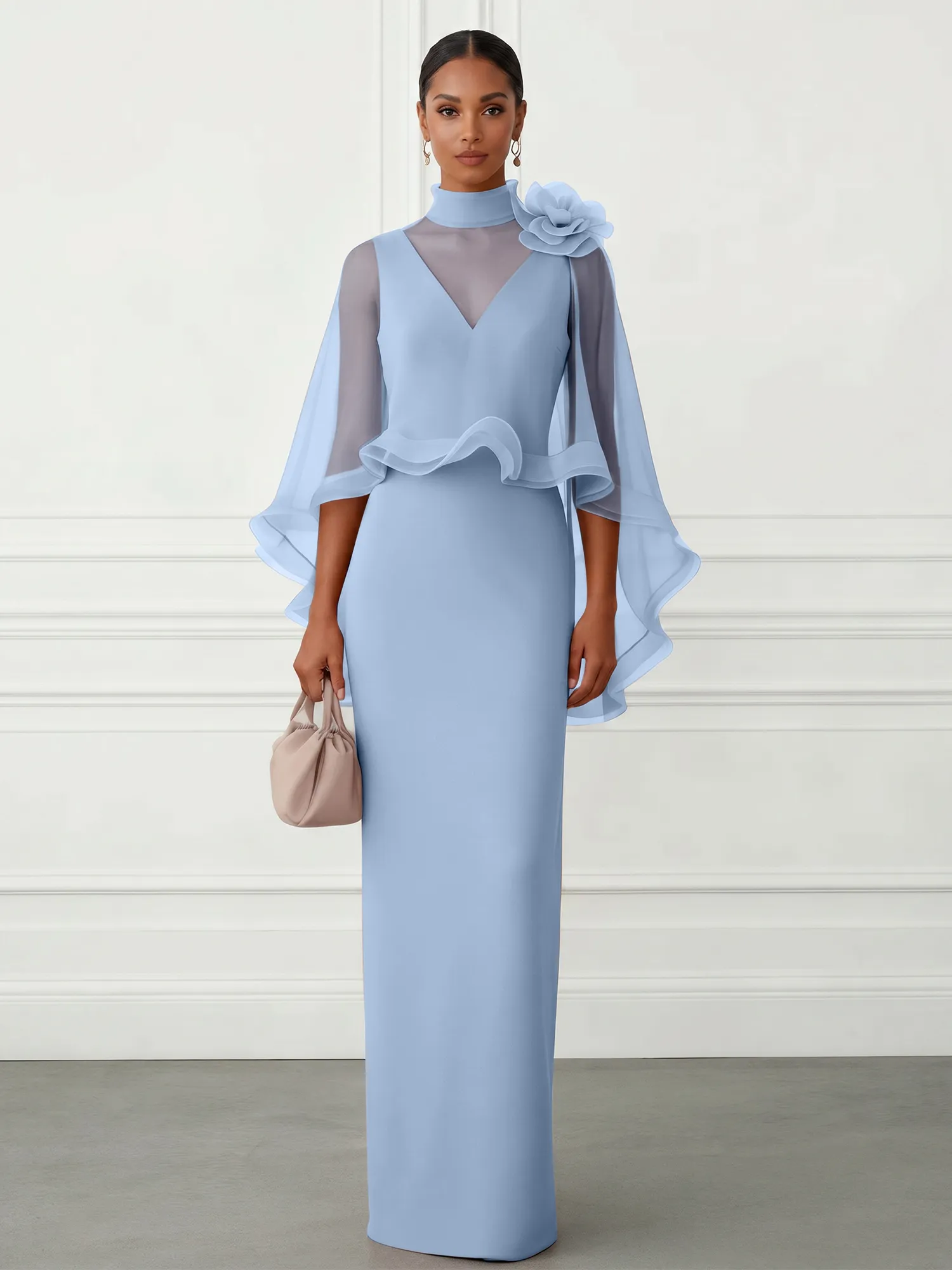 High-Neck Chiffon Cape Sleeve Sheath Evening Gown