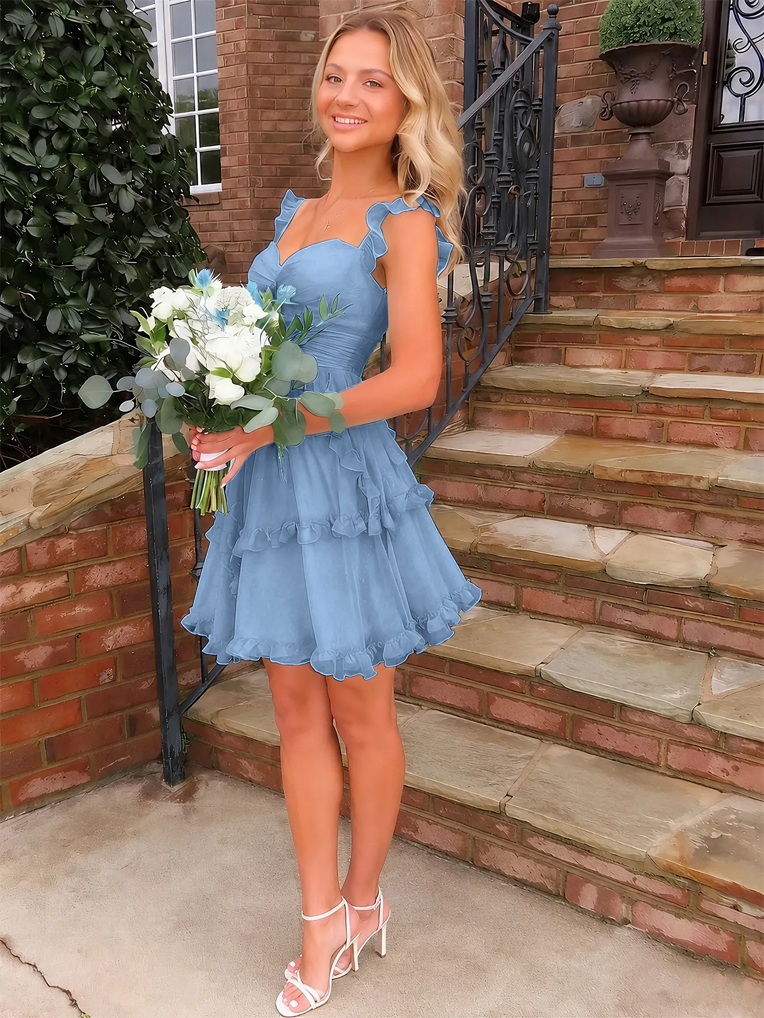 A Line Ruffled Tiered Chiffon Homecoming Dress with Lace-Up Back