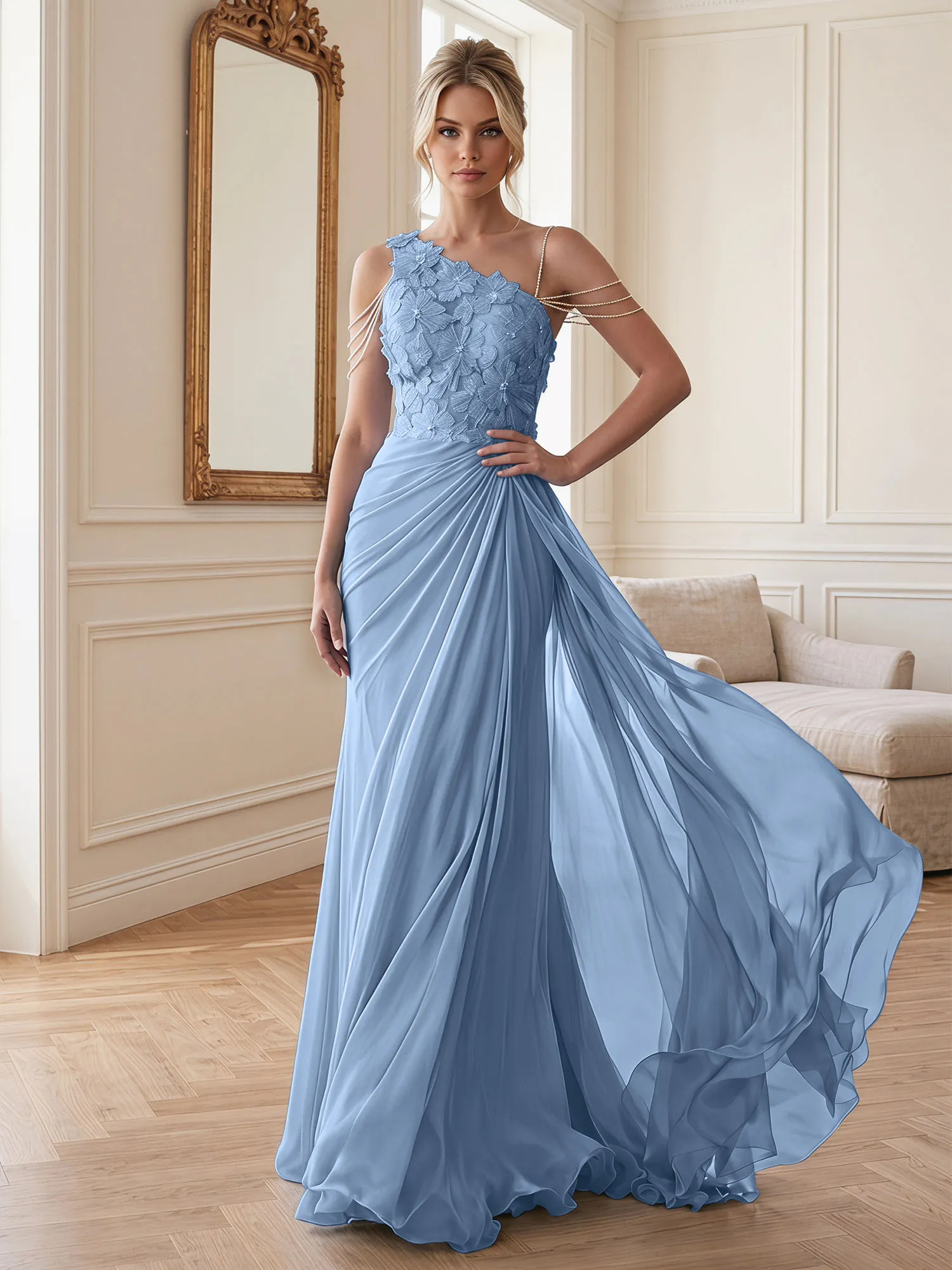One-Shoulder Floral Lace Chiffon Evening Gown