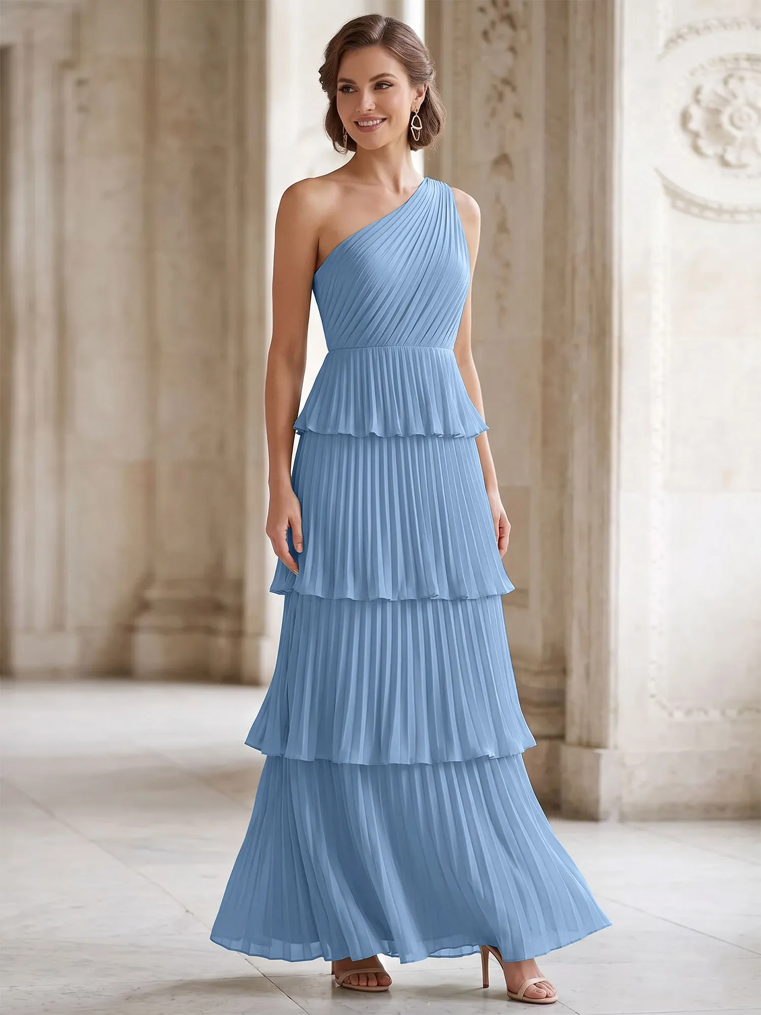 One-Shoulder Tiered Pleated Chiffon Evening Gown