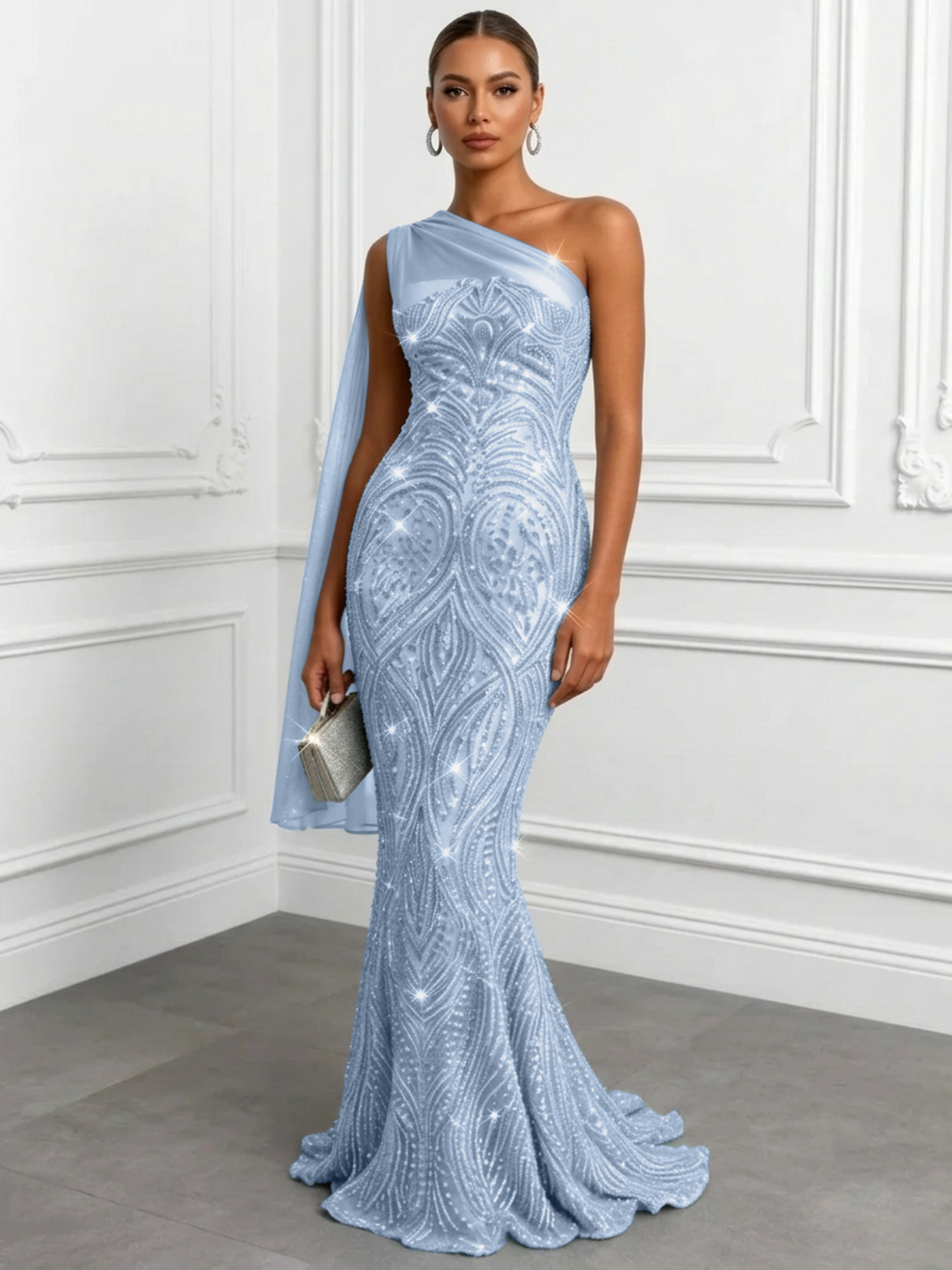 Shimmering Sage One-Shoulder Sequin Mermaid Evening Dress