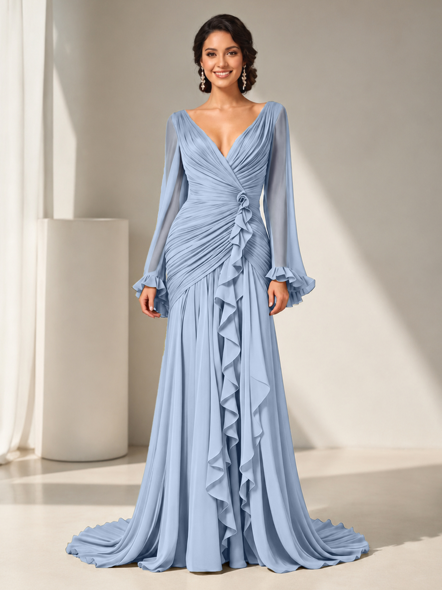 Grecian Olive Green Ruched Long-Sleeve Cascading Ruffle Formal Evening Dress