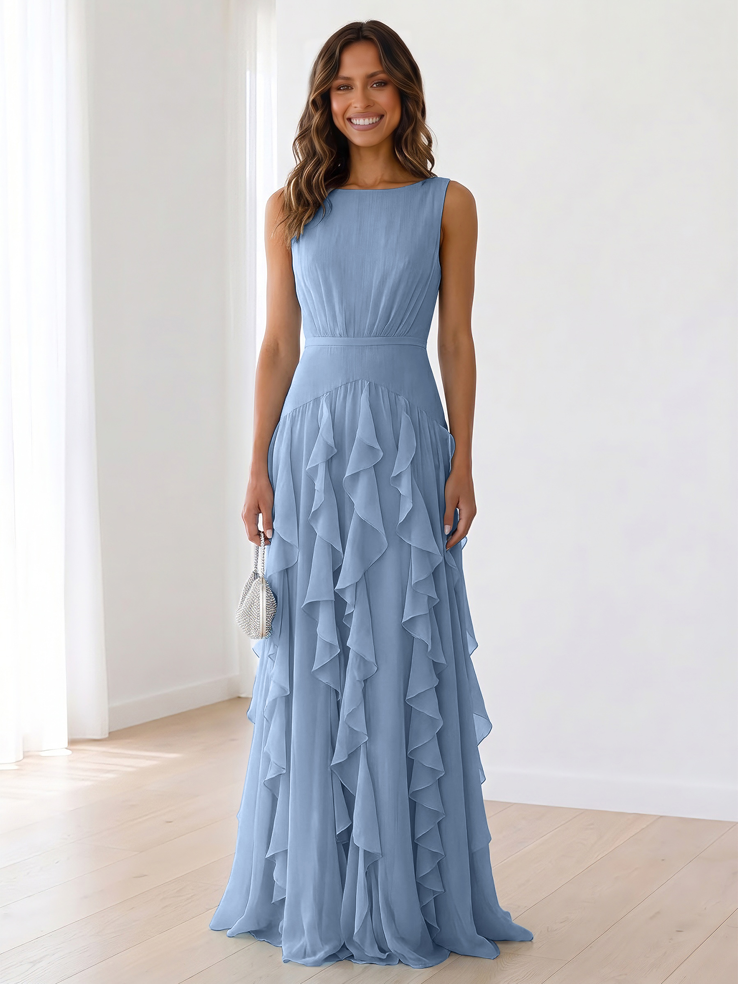 Ethereal Powder Blue Cascading Ruffle Maxi Formal Evening Dress