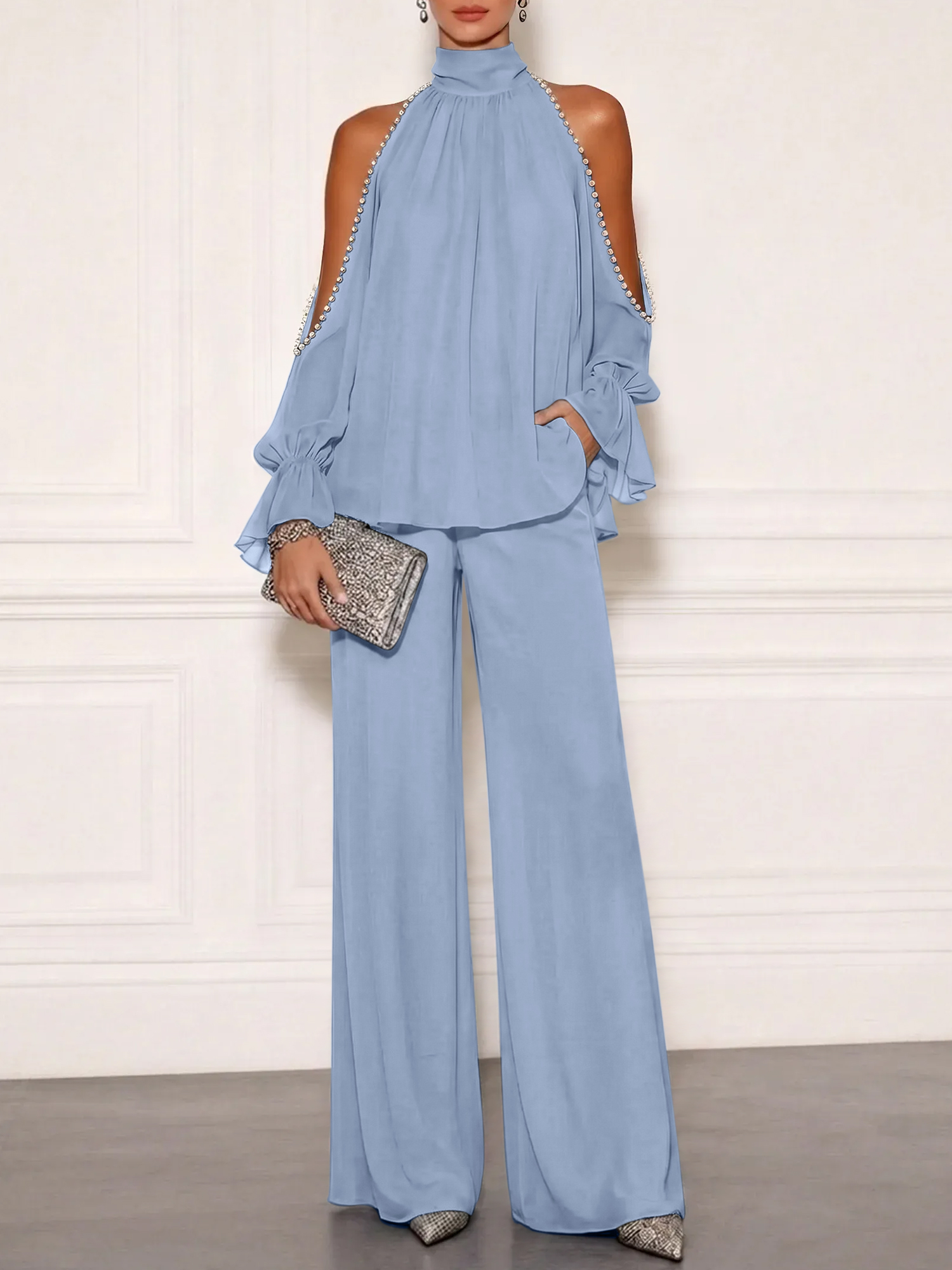 Sophisticated Embellished Cold Shoulder Formal Evening Jumpsuit