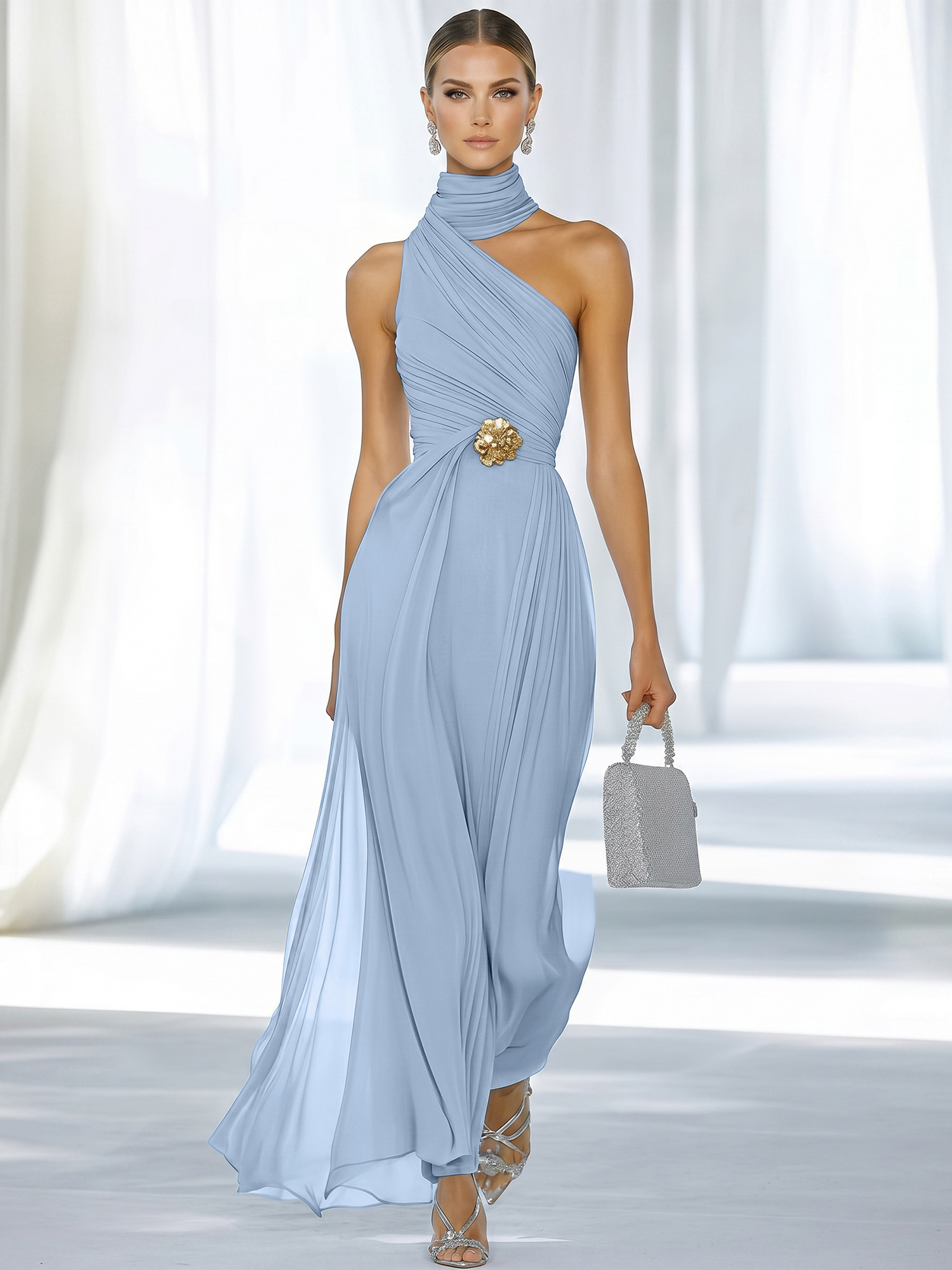 Sky Blue Pleated Chiffon Halter Strapless Formal Evening Dress