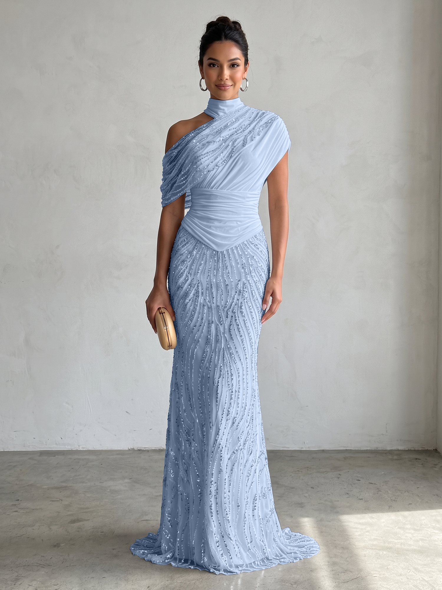 Ethereal White Beaded High-Neck Draped Sheath Formal Evening Dress