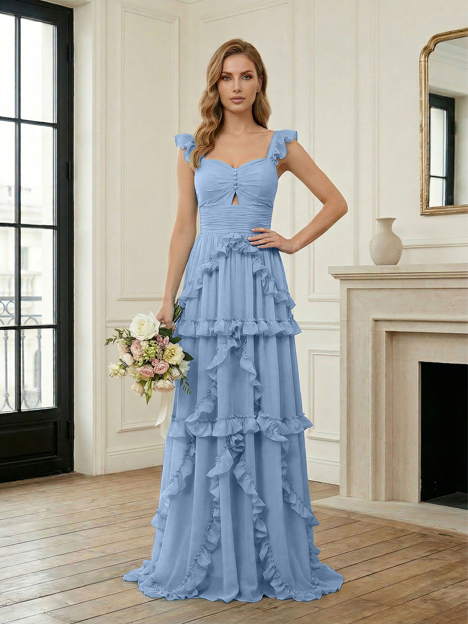 Ethereal Sky Blue Tiered Ruffle Chiffon Maxi Dress Gown