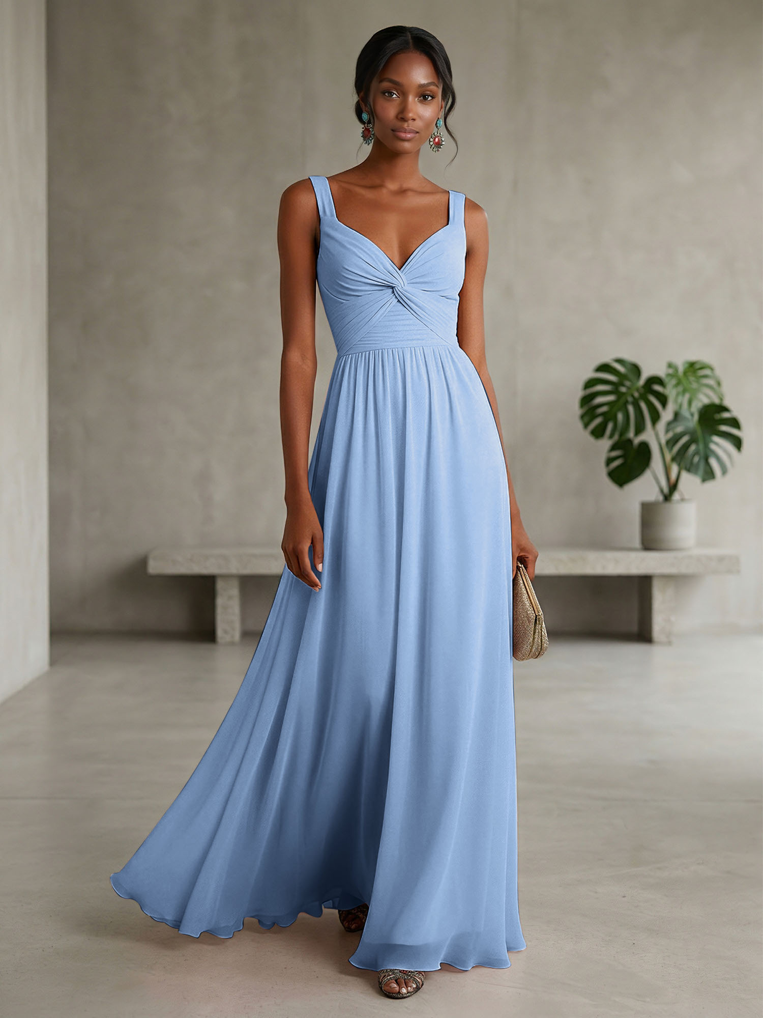 Elegant Soft Blush Twist-Front Chiffon Maxi Gown