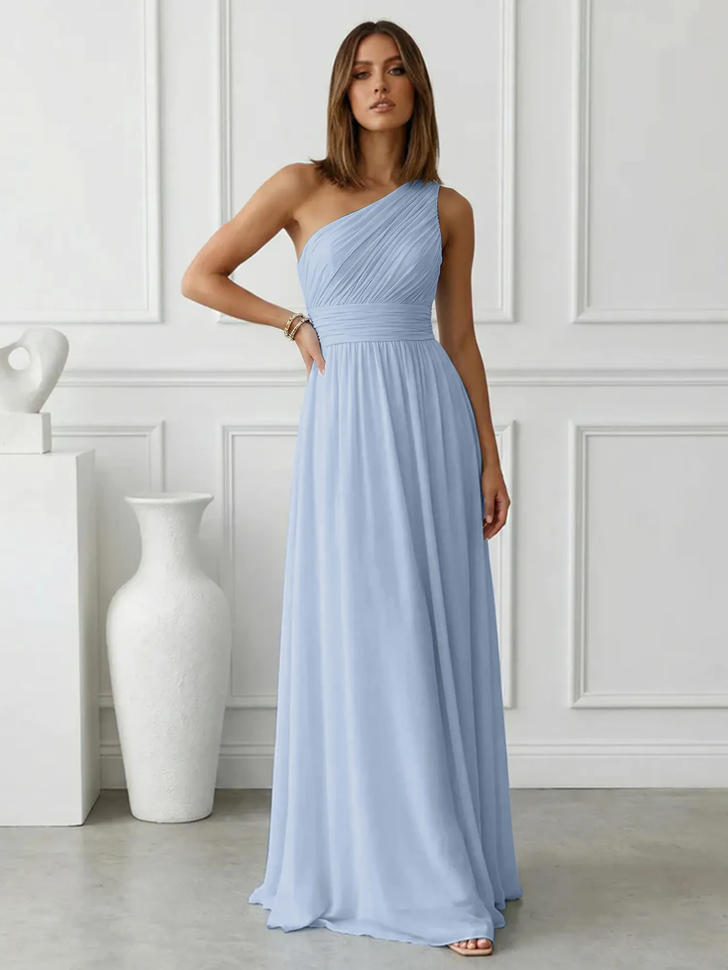 One-Shoulder Pleated Chiffon A-Line Evening Dress
