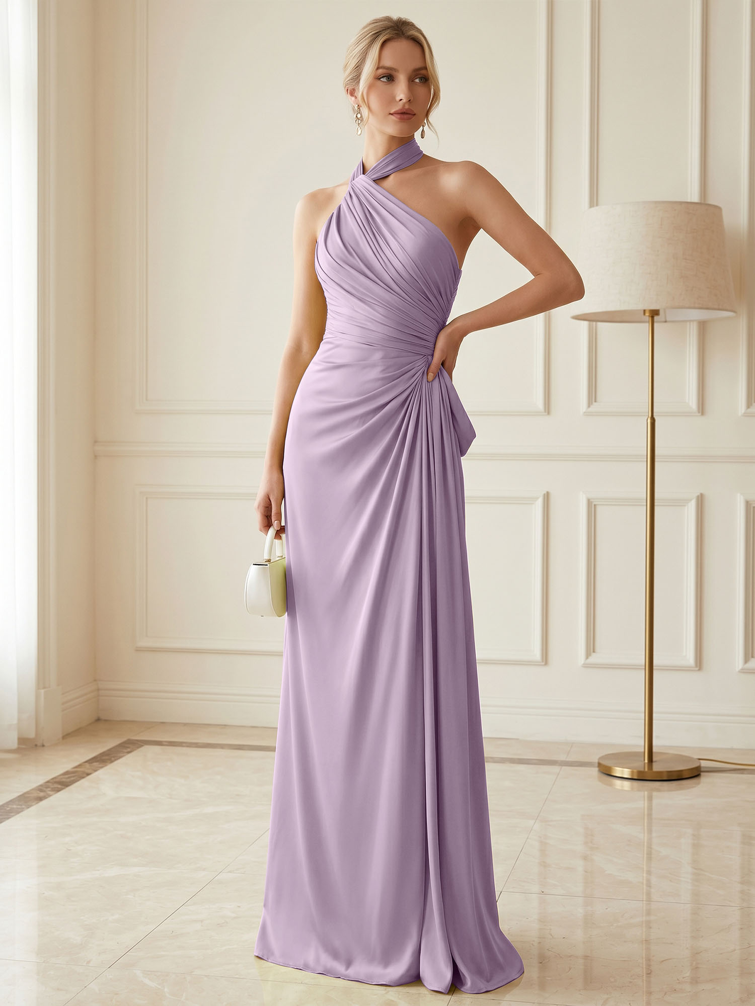 Chartreuse Glow Ruched Halter Satin Evening Dress