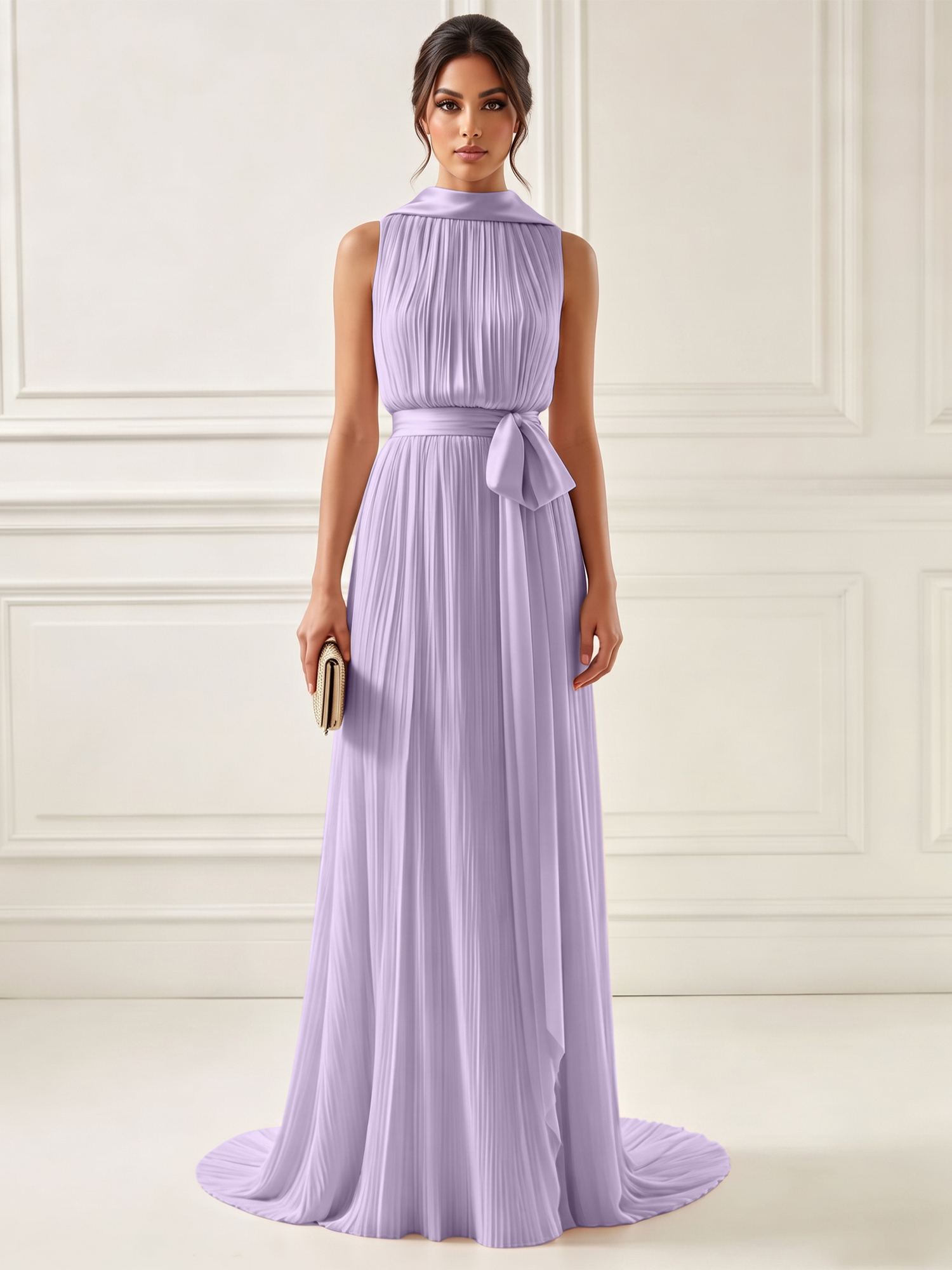 Ethereal Pleated Pastel Pink High Neck Maxi Formal Evening Dress with Satin Sash