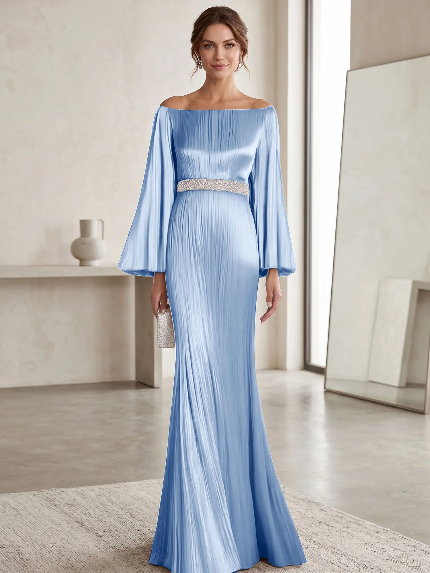 Off-the-Shoulder Pleated Satin Evening Gown with Beaded Waistband