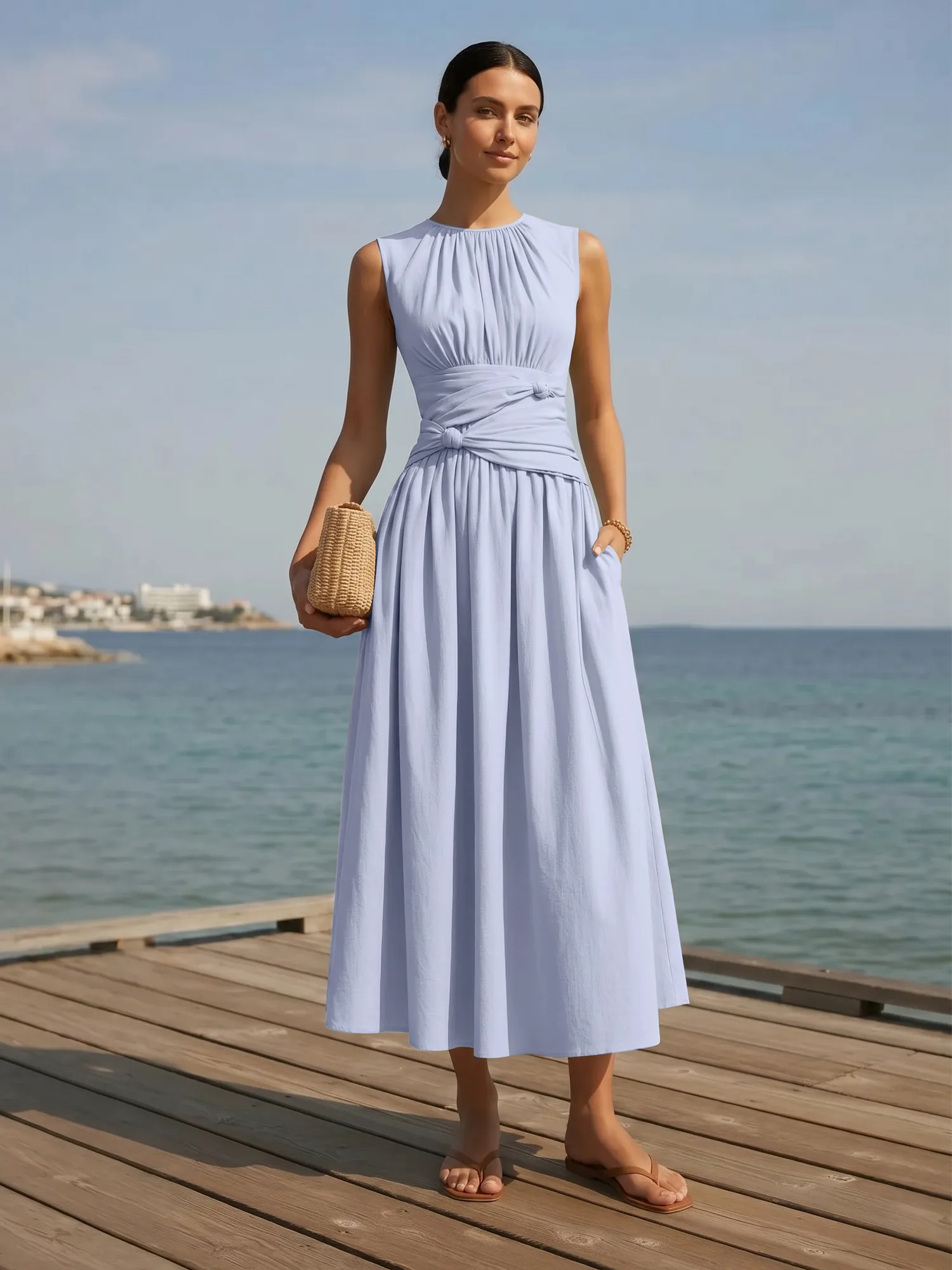 Sleeveless Round Neck Waist-Knot Midi Evening Dress