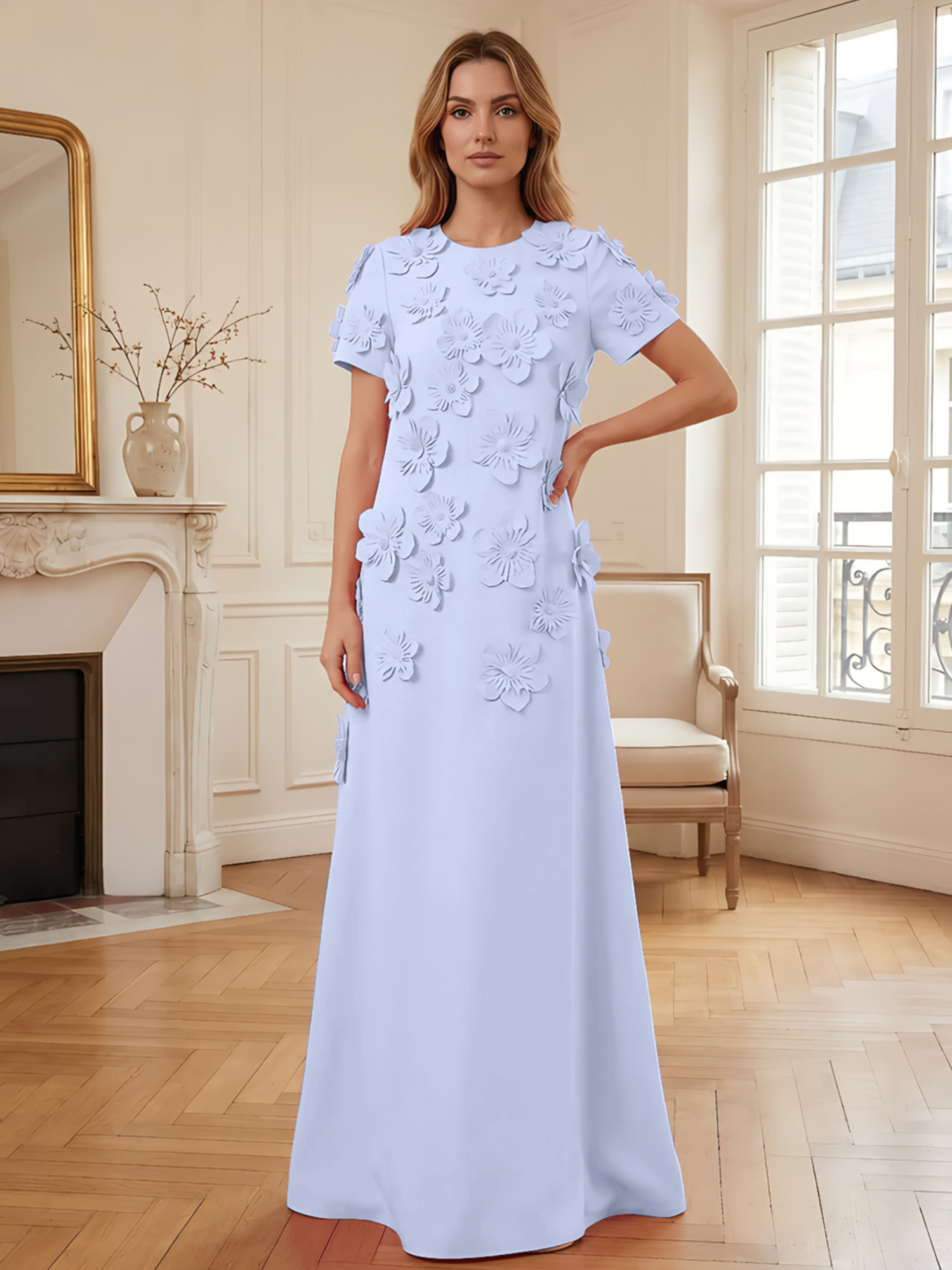 3D Floral Applique Short-Sleeve Column Evening Gown
