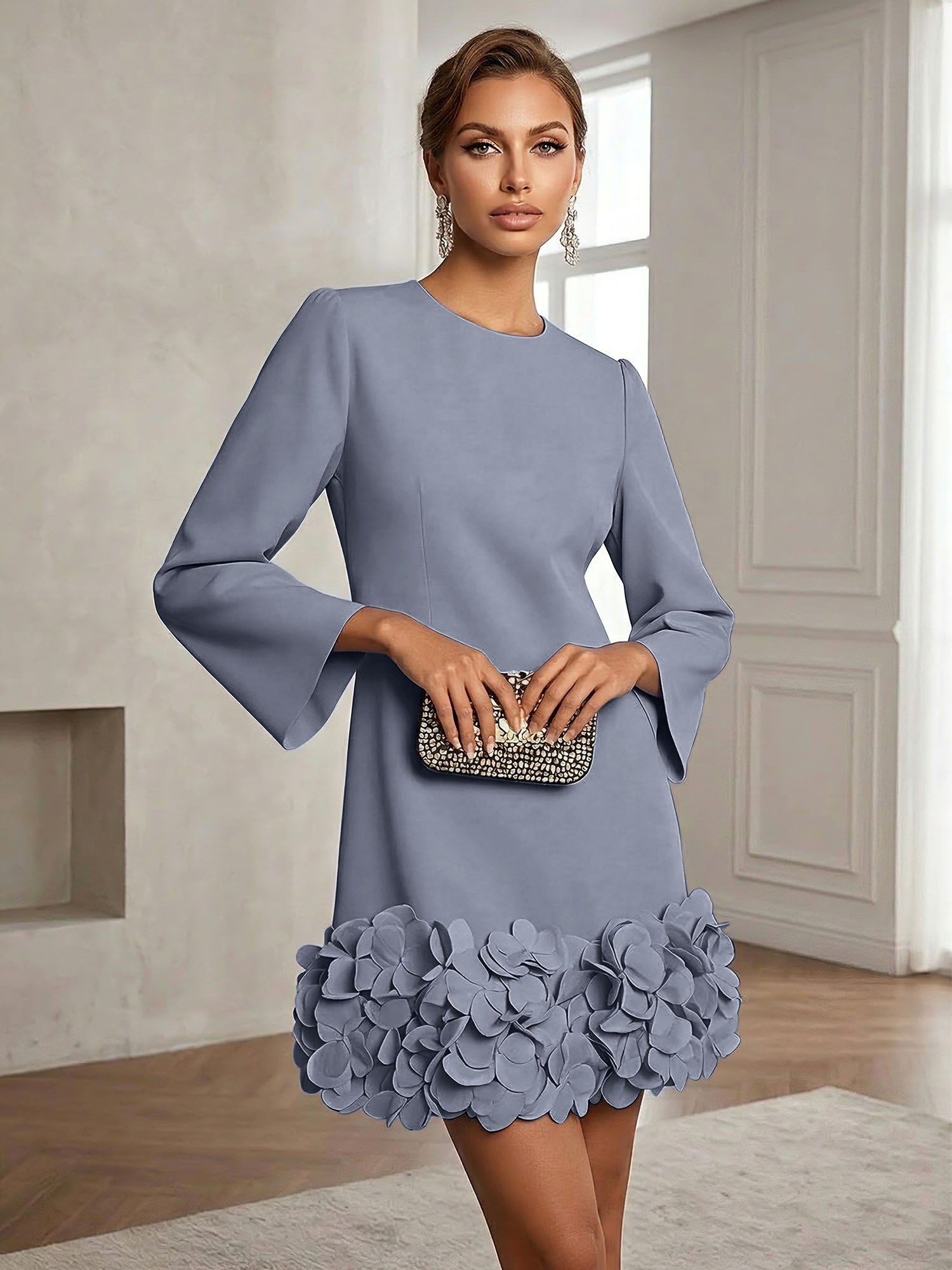 Powder Blue 3D Floral Classic Crew Neck Bell Long Sleeve Shift Mini Dress