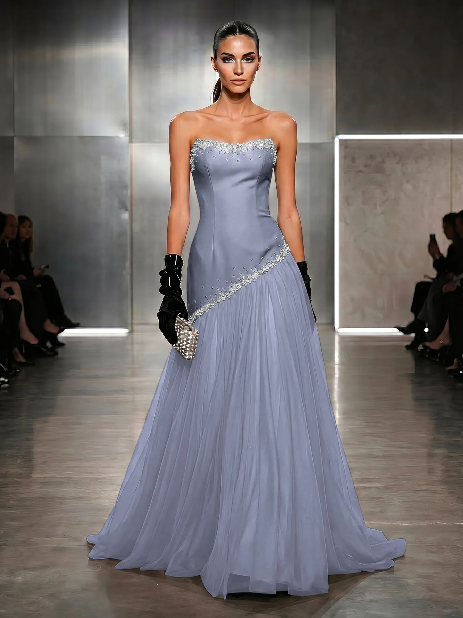 Strapless Tulle Beaded Corset Evening Gown Maxi Dress
