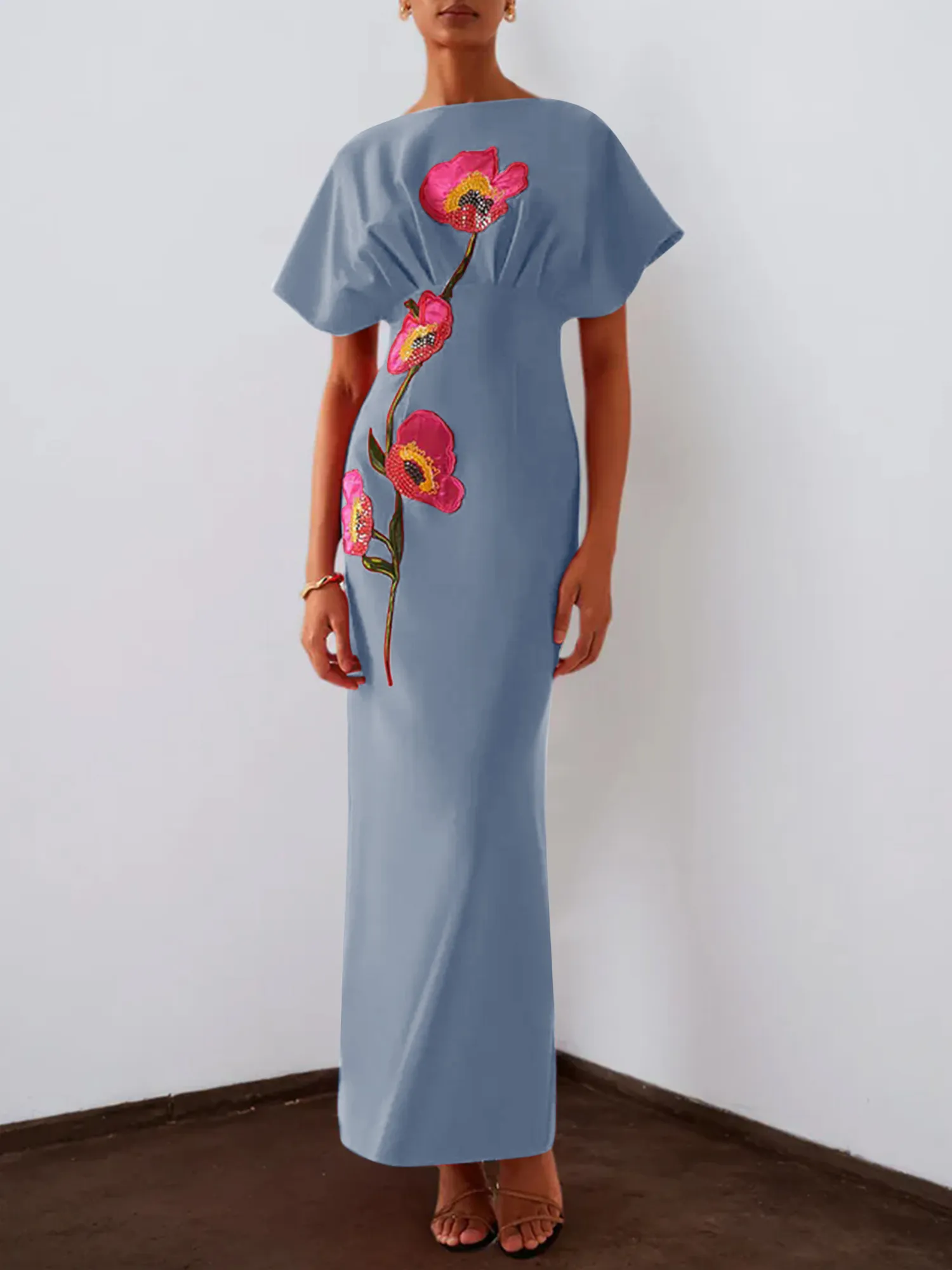 Floral Embroidered Boat Neck Batwing Sleeve Column Evening Gown