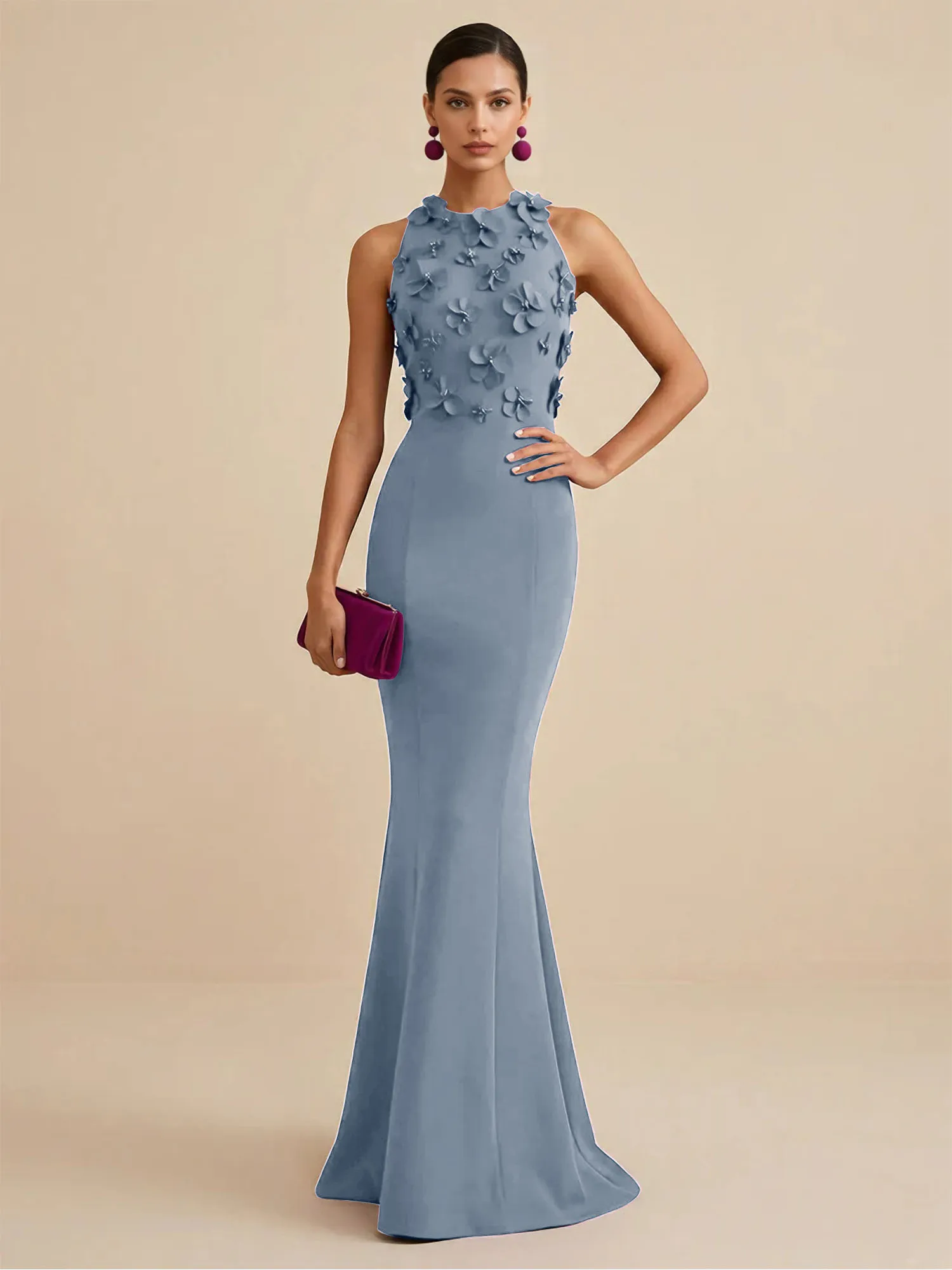 Scoop Neck 3D Floral Appliqué Crepe Mermaid Evening Gown
