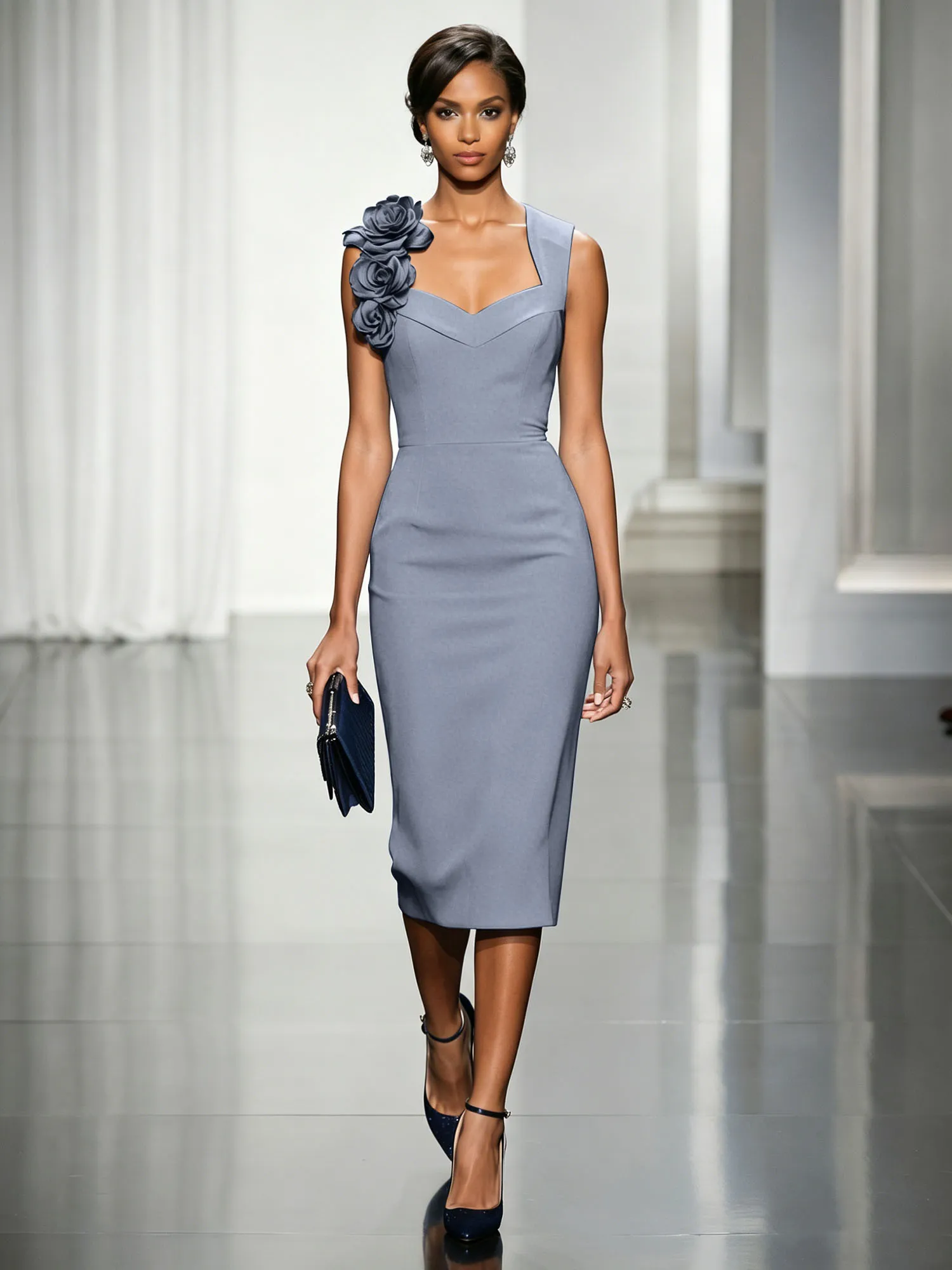 Asymmetric Neckline Crepe Midi Dress with 3D Floral Appliqué