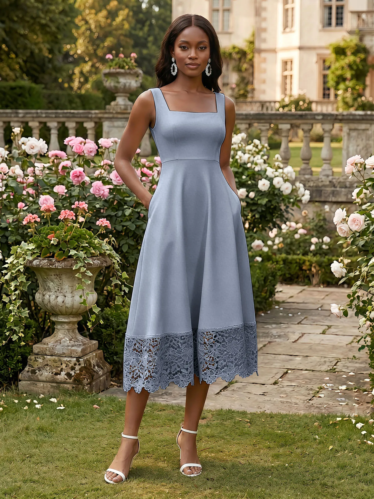 Square Neck Crepe Midi Evening Dress with Lace Hem