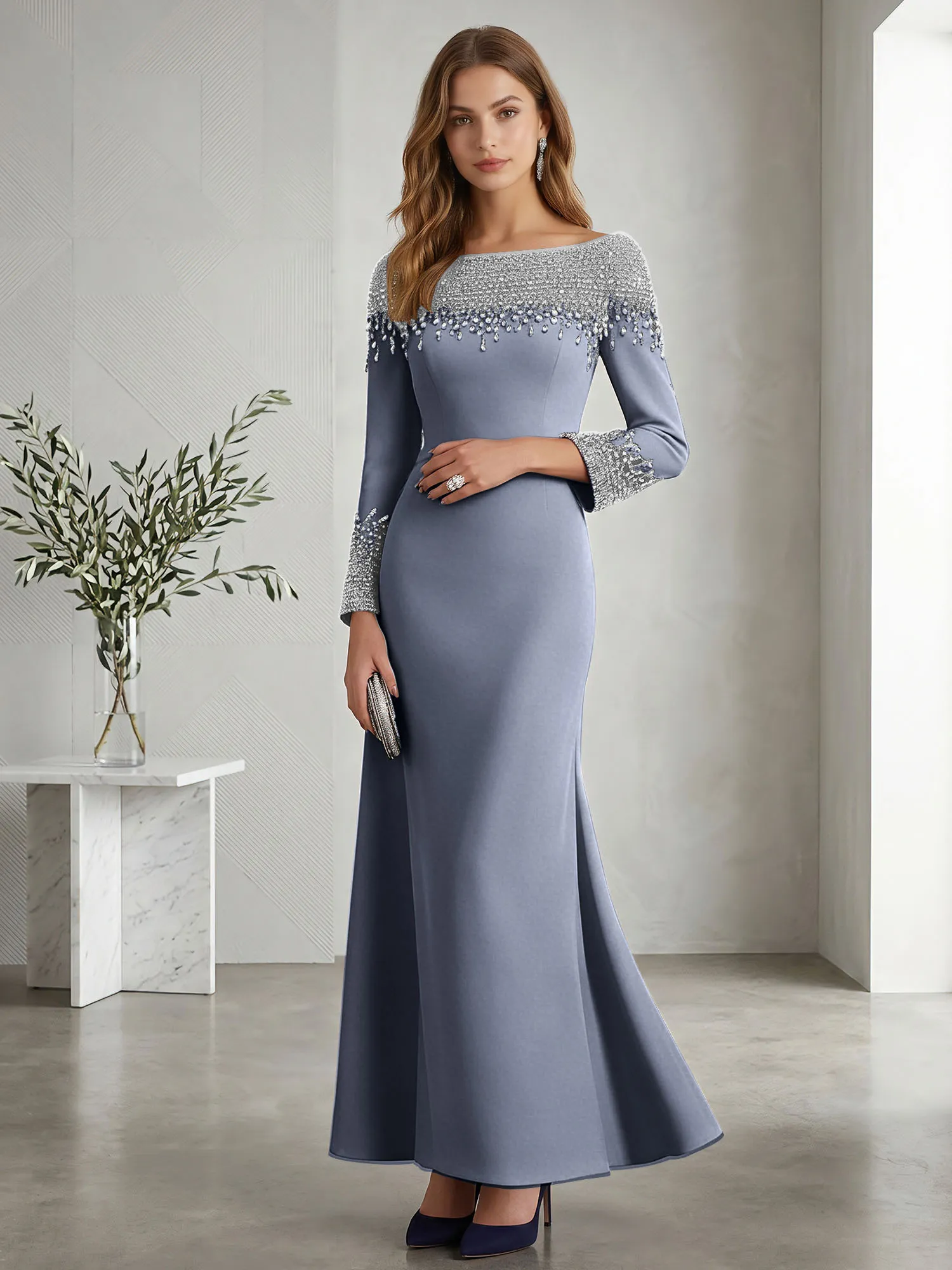 Beaded Off-the-Shoulder Long Sleeve Mermaid Evening Gown