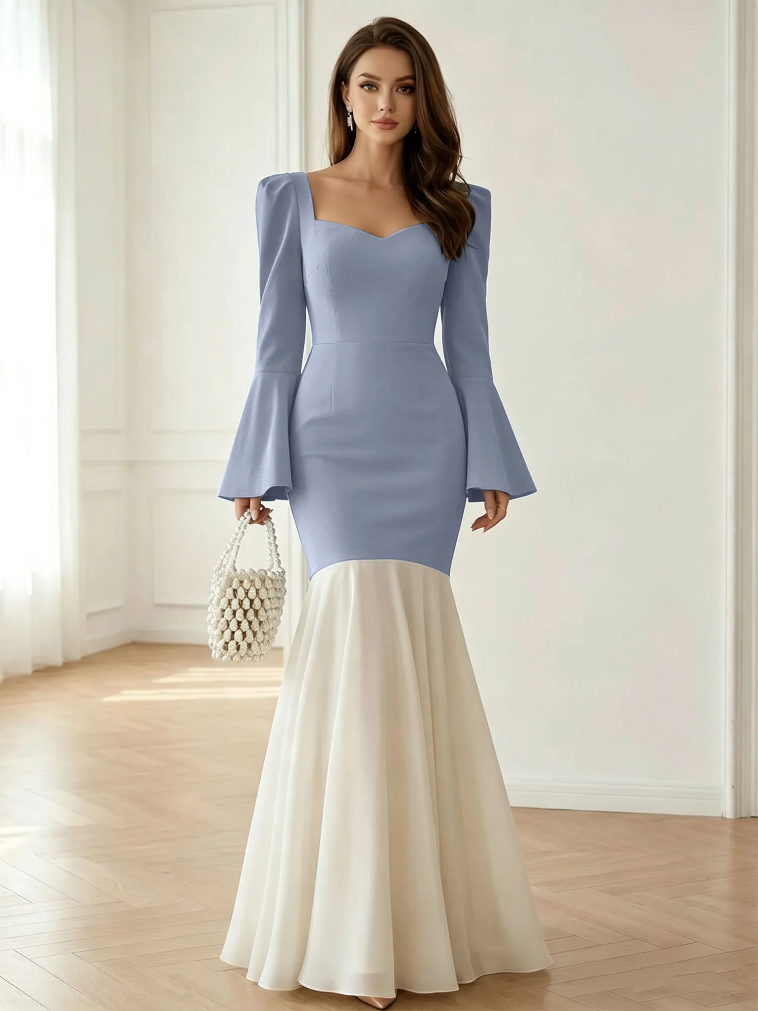 Sweetheart Neck Bell Sleeve Two-Tone Mermaid Evening Gown