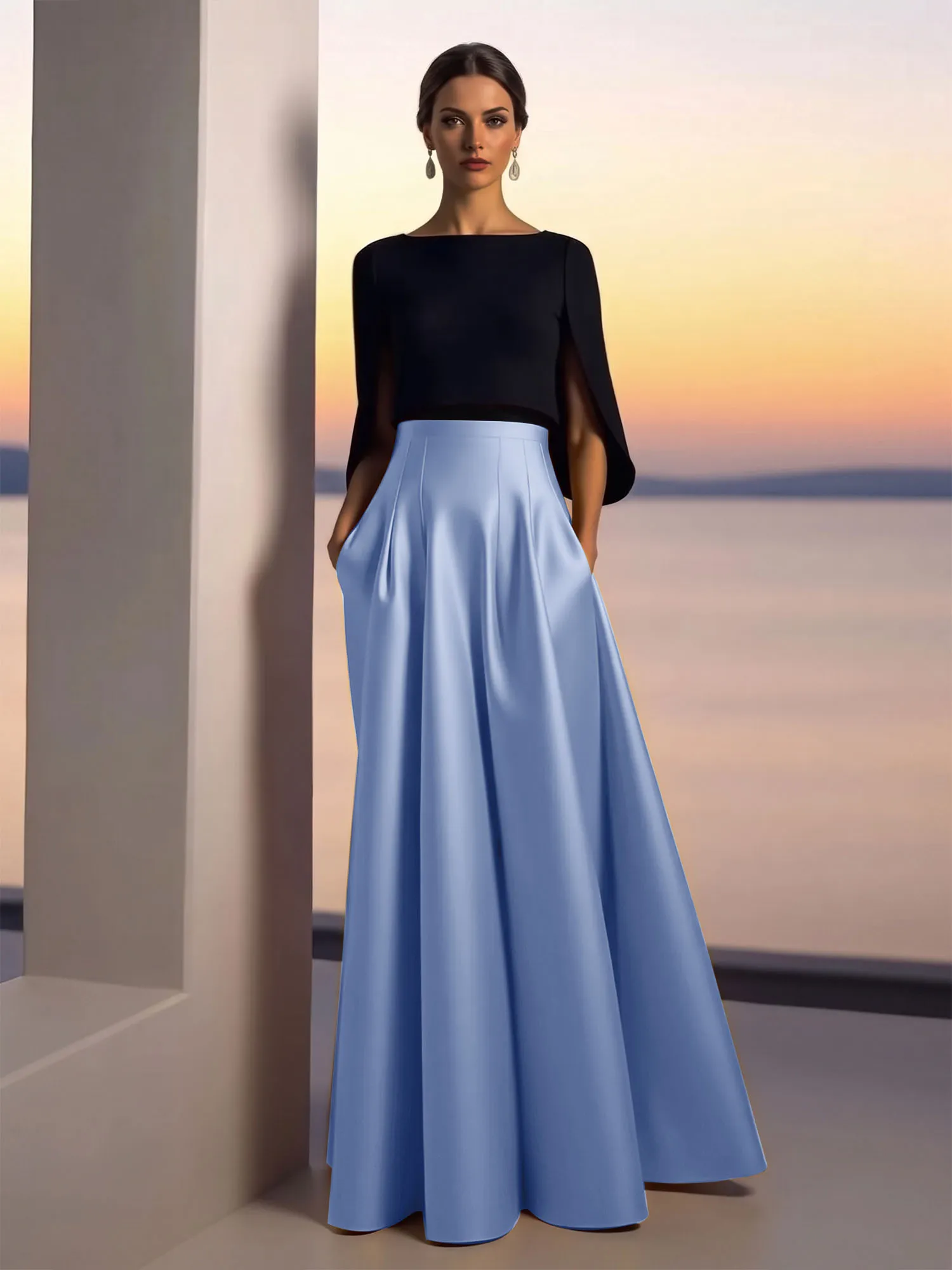 Two-Piece Cape Sleeve Satin Ball Gown Evening Dress