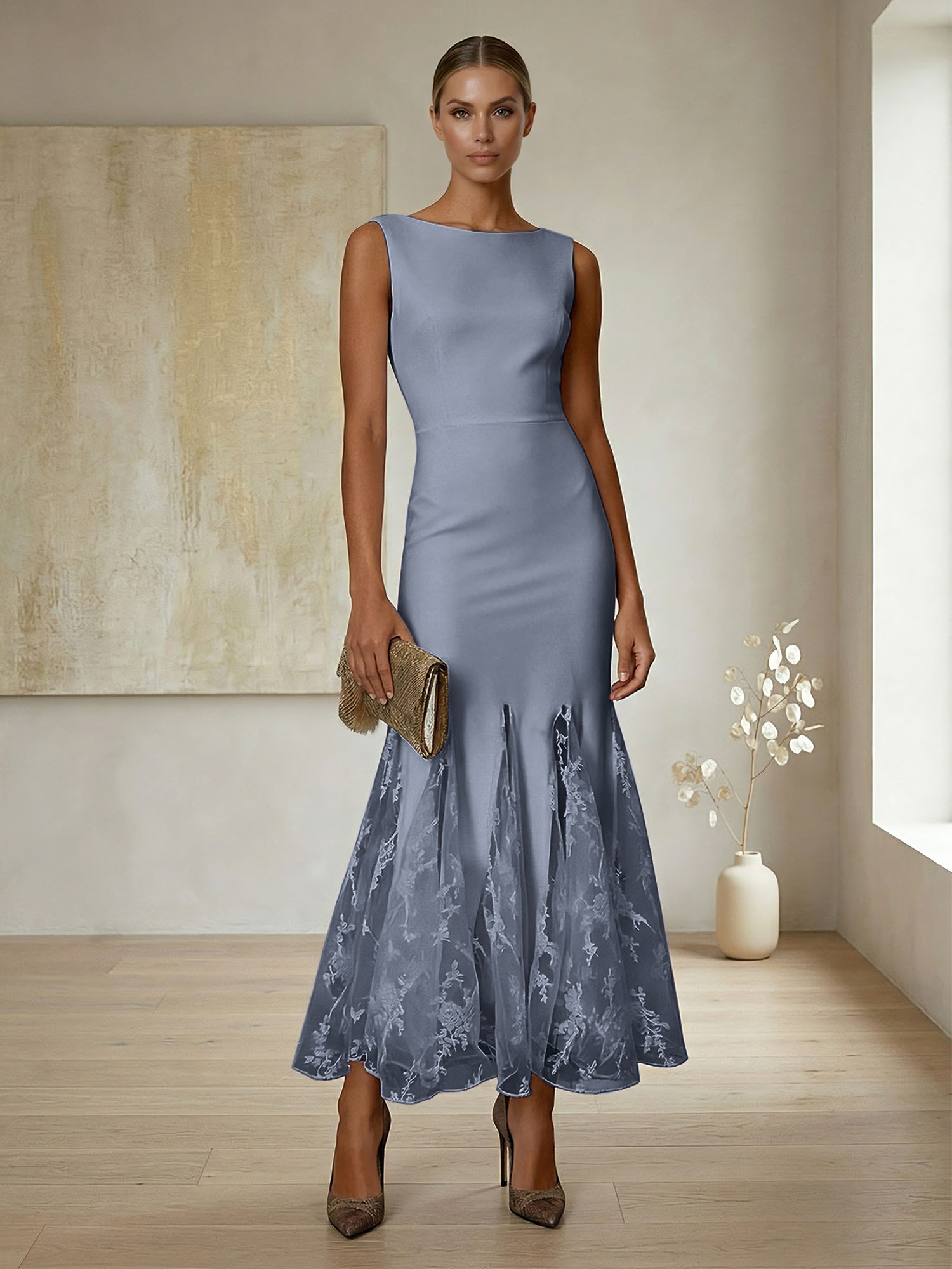 Elegant Formal Evening Gown Lilac Sleeveless Midi Dress with Embroidered Lace Godets