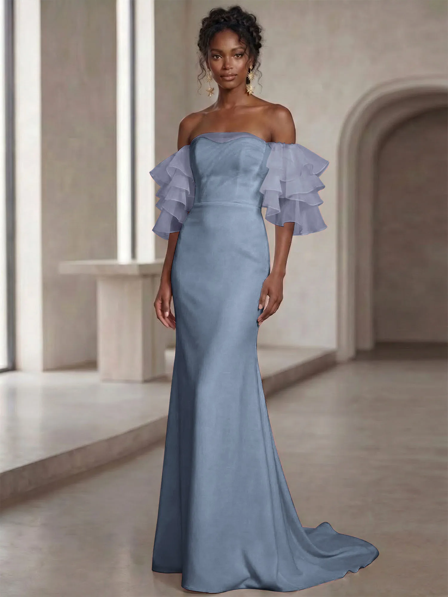 Off-the-Shoulder Tiered Organza Sleeve Mermaid Evening Gown