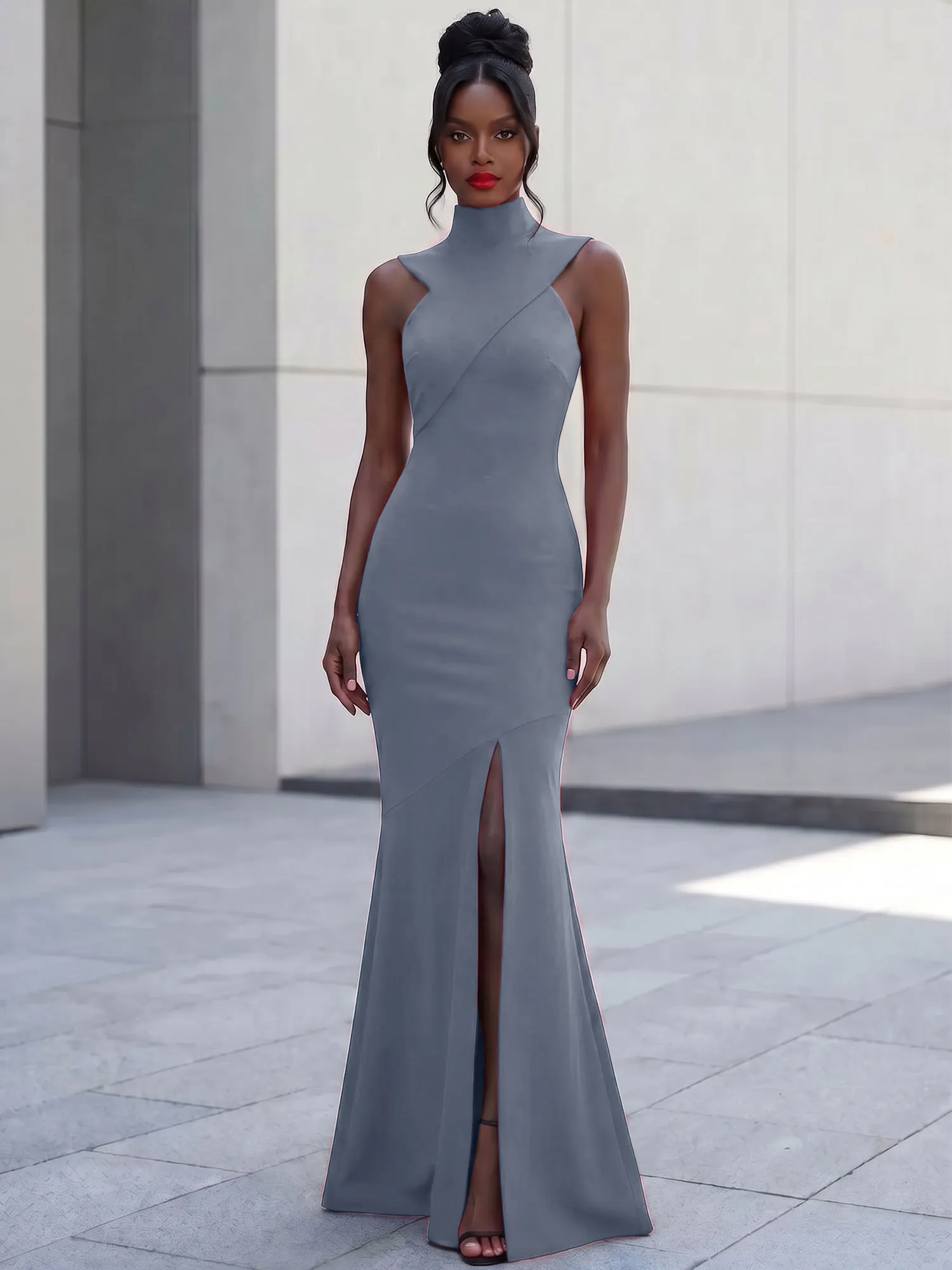 High Neck Asymmetric Cutout Mermaid Evening Gown