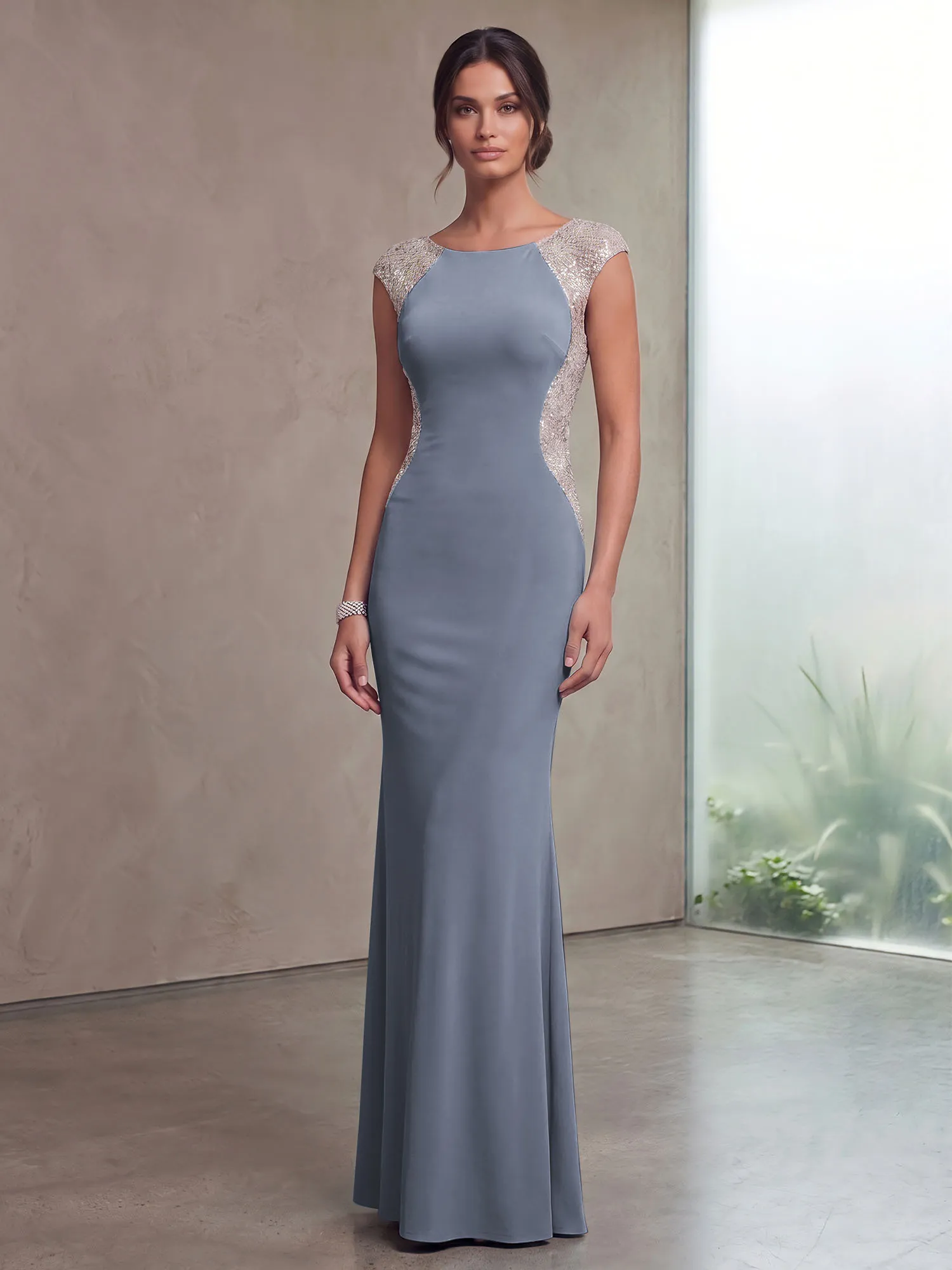 Bateau Neck Sequins Cap Sleeve Mermaid Evening Gown