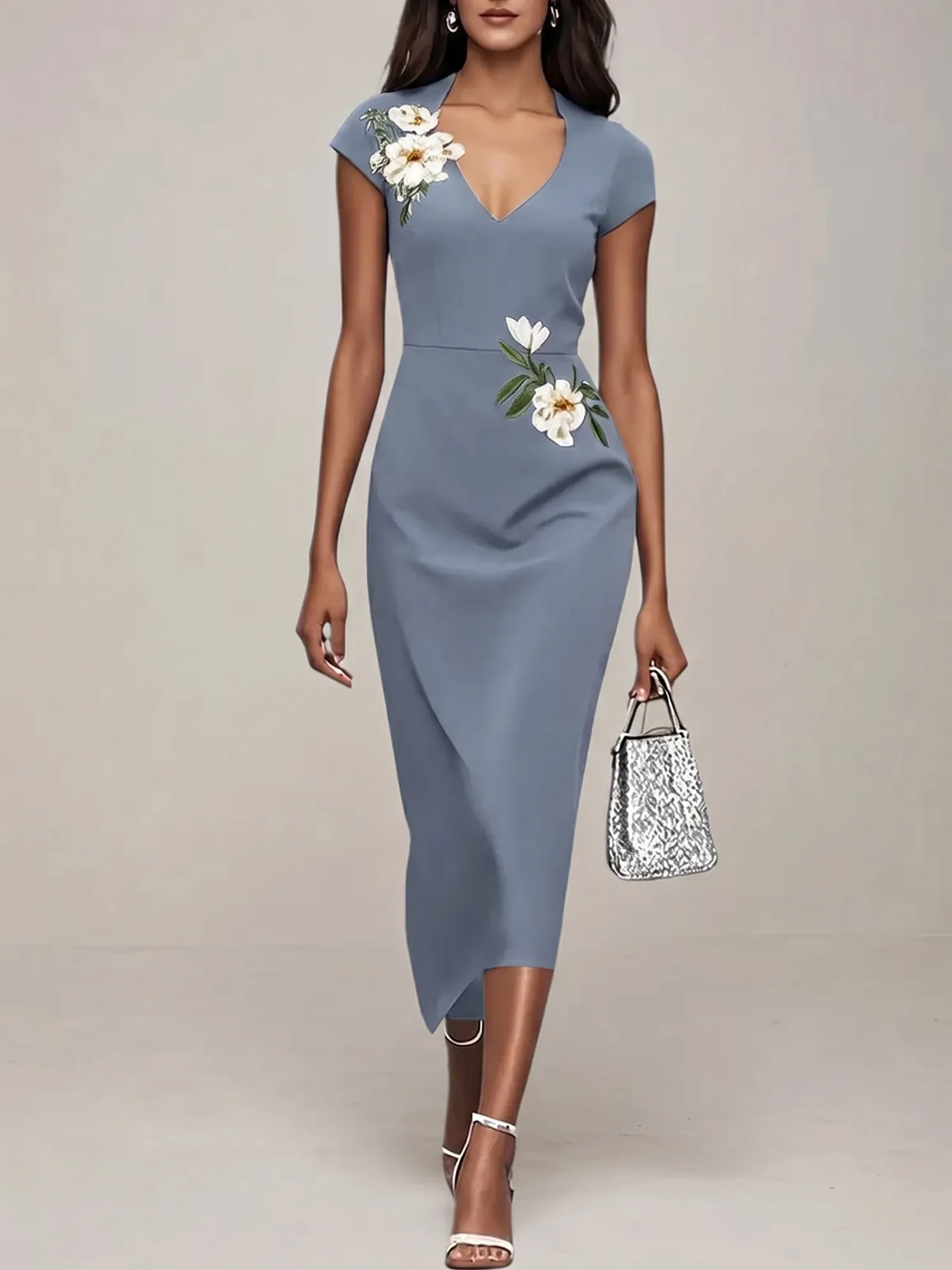 V-Neck Cap Sleeve Floral Embroidered Sheath Evening Dress