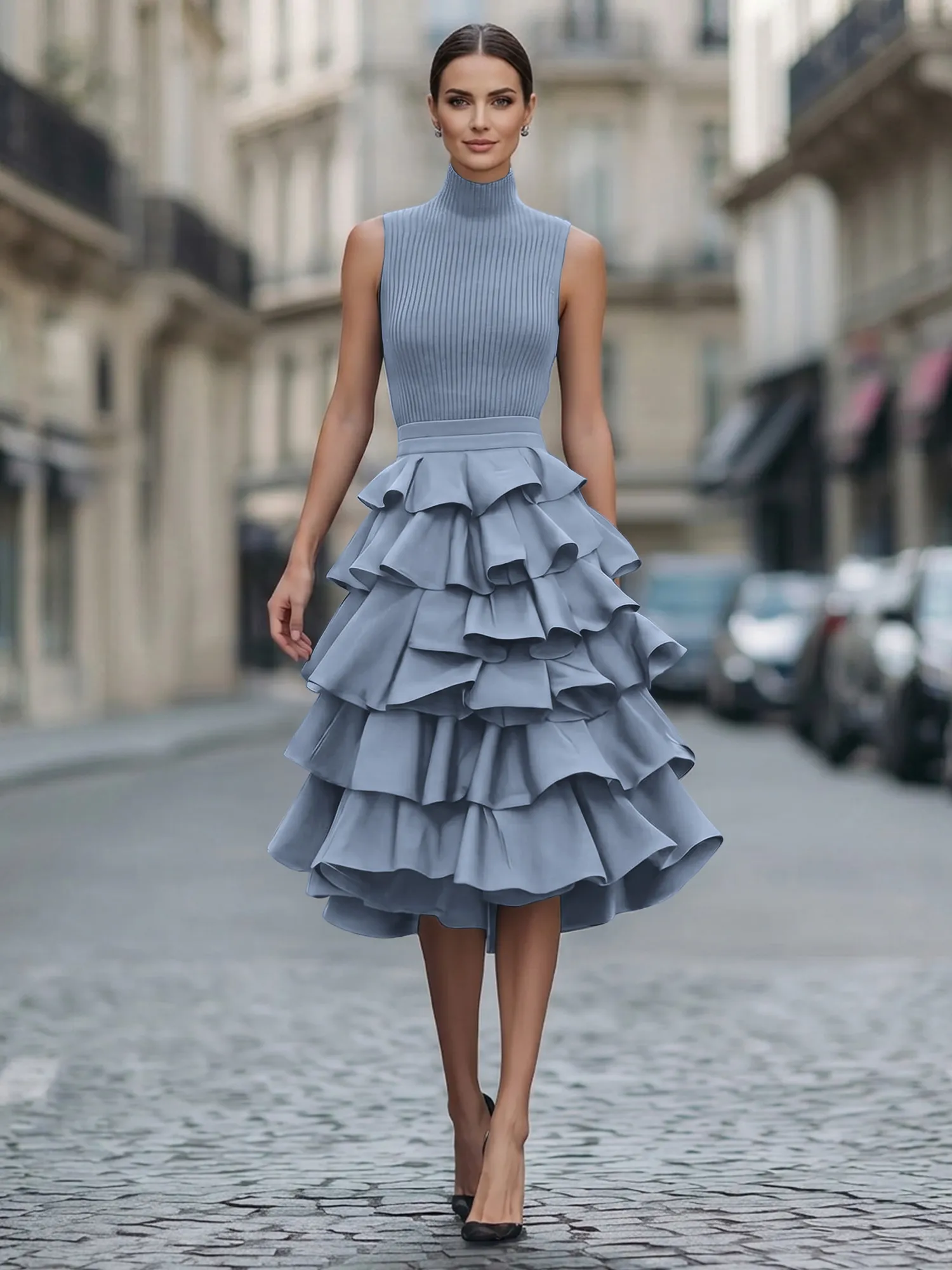 A Line High-Neck Pleated Tiered Evening Dress Maxi Dress
