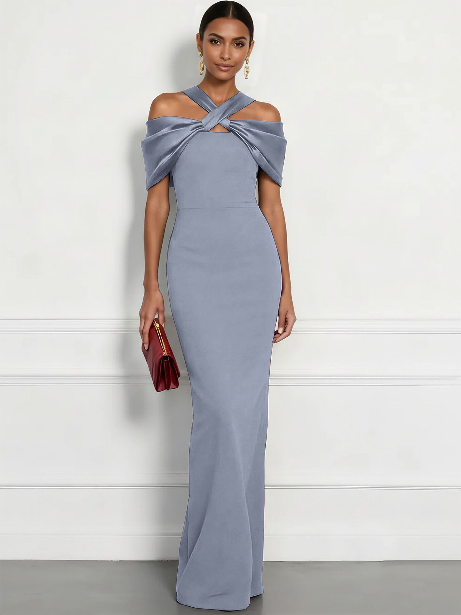  Regal Plum Crepe Column Gown with Satin Criss-Cross Halter Maxi Dress