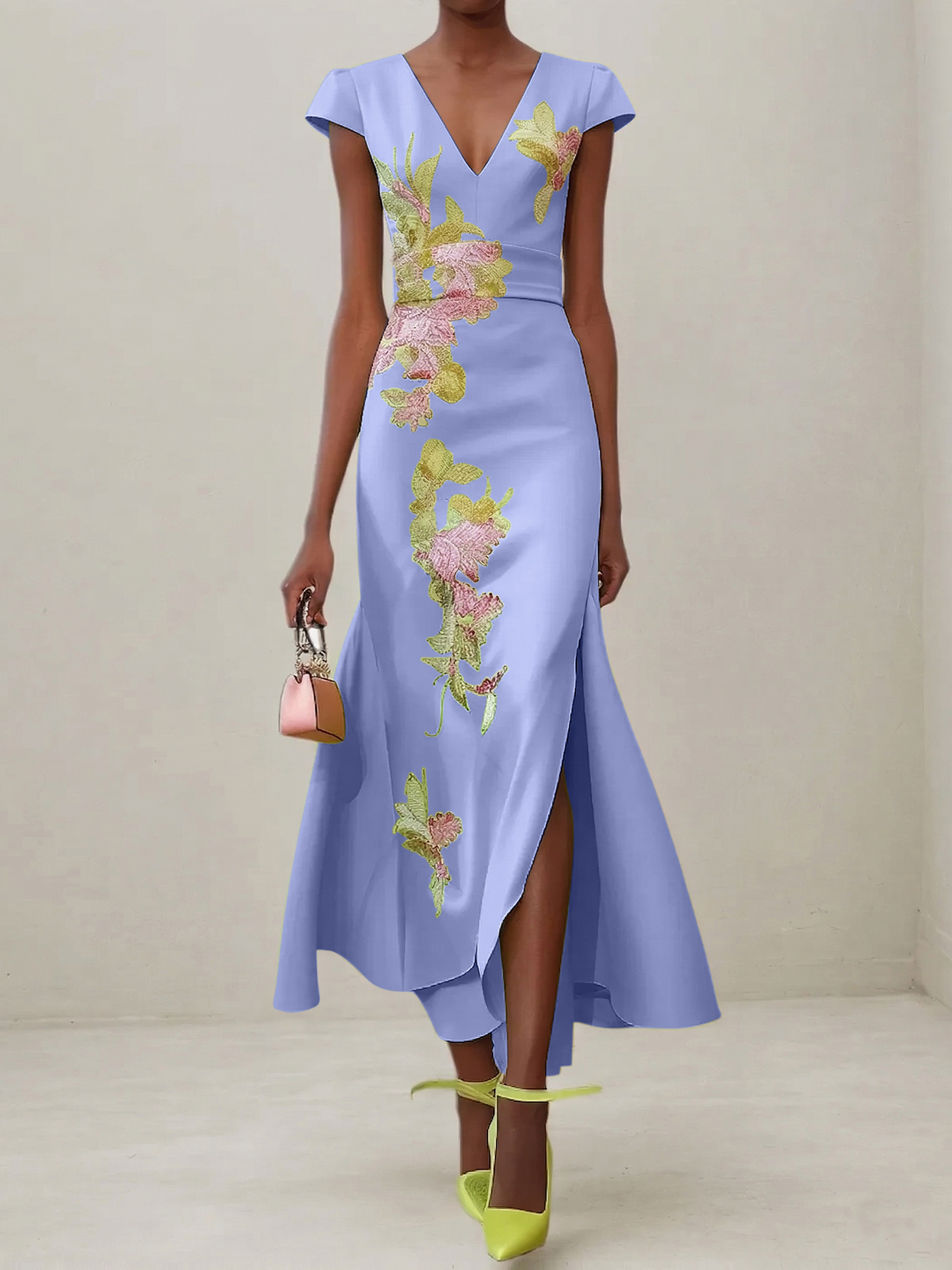 Elegant V-Neck Cap Sleeve Satin Midi Gown with Floral Embroidery & High Slit