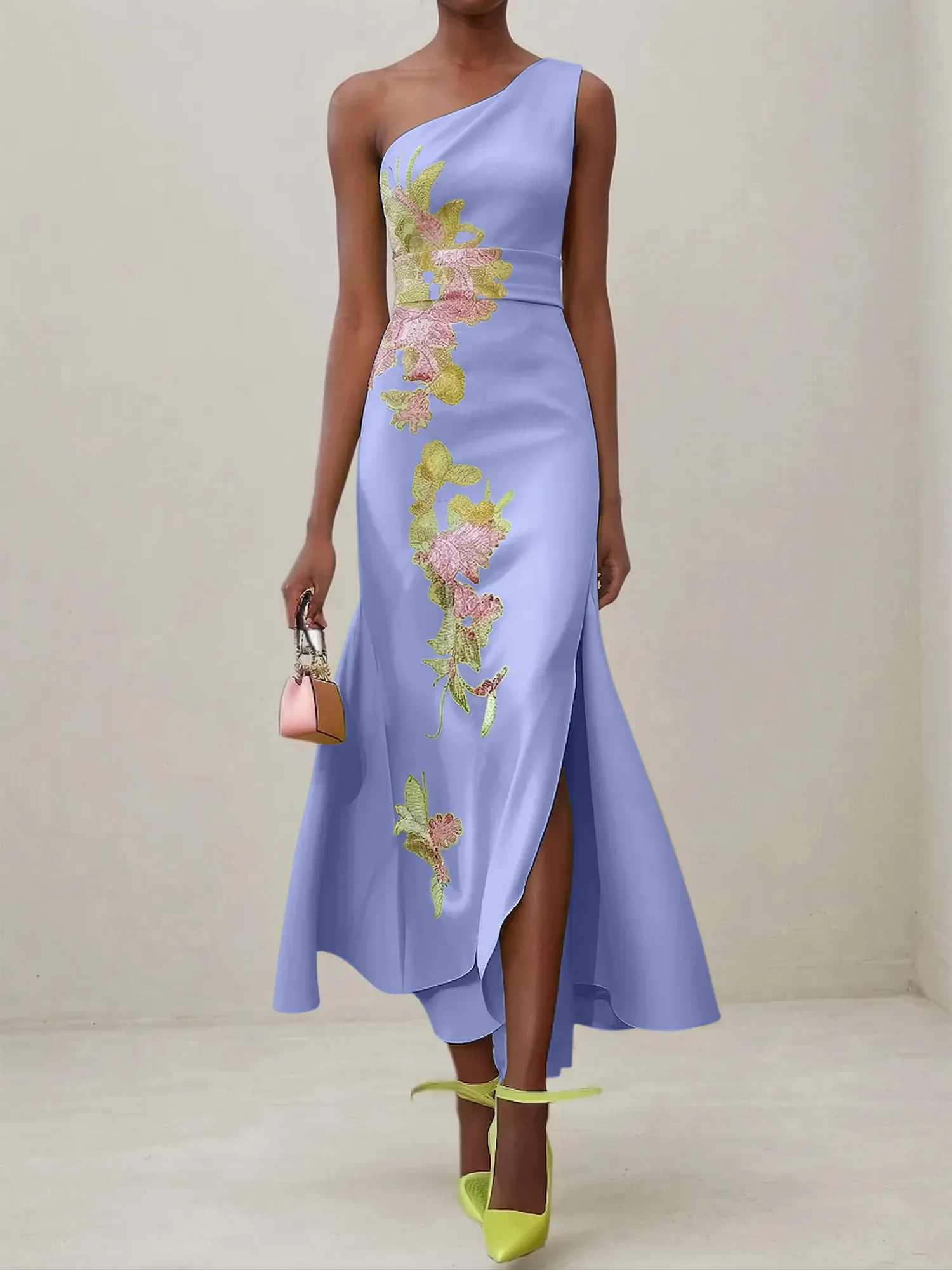 Elegant One Shoulder Cap Sleeve Satin Midi Gown with Floral Embroidery & High Slit