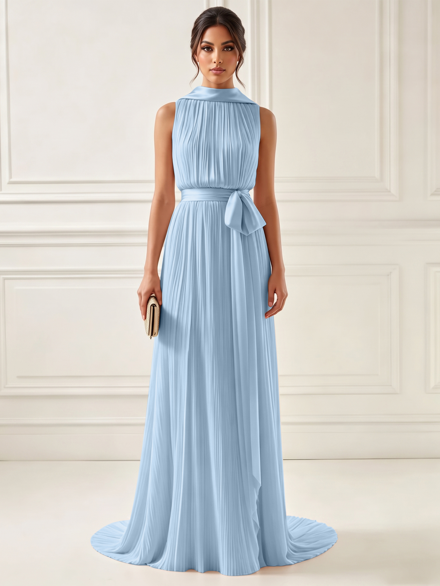 Ethereal Pleated Pastel Pink High Neck Maxi Formal Evening Dress with Satin Sash
