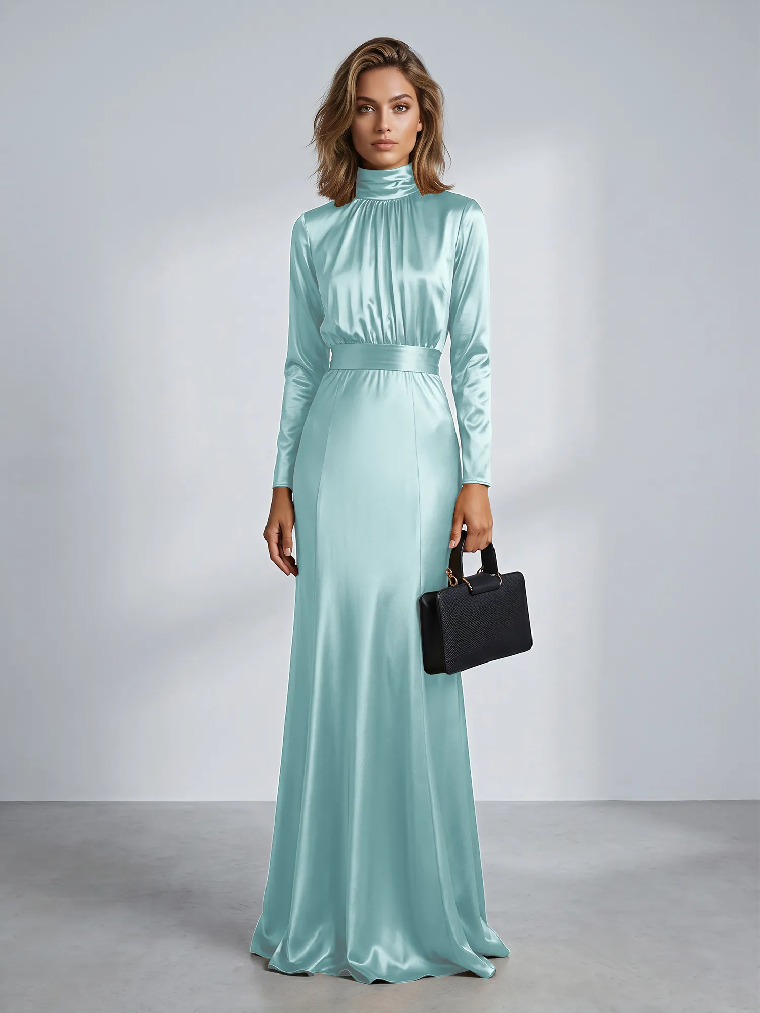 High Neck Long Sleeve Satin Mermaid Evening Gown with Waist Sash