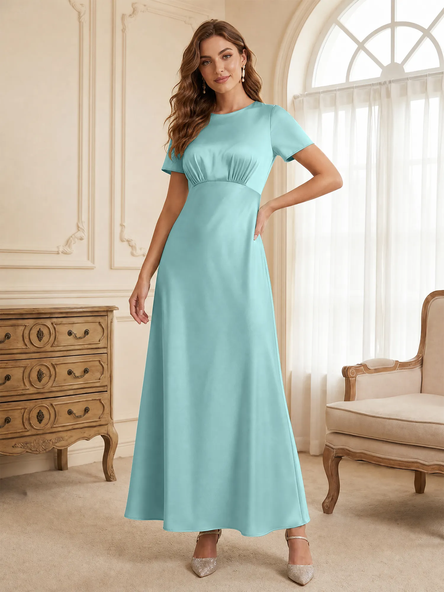 Round Neck Short Sleeve Satin Bridesmaid Dress