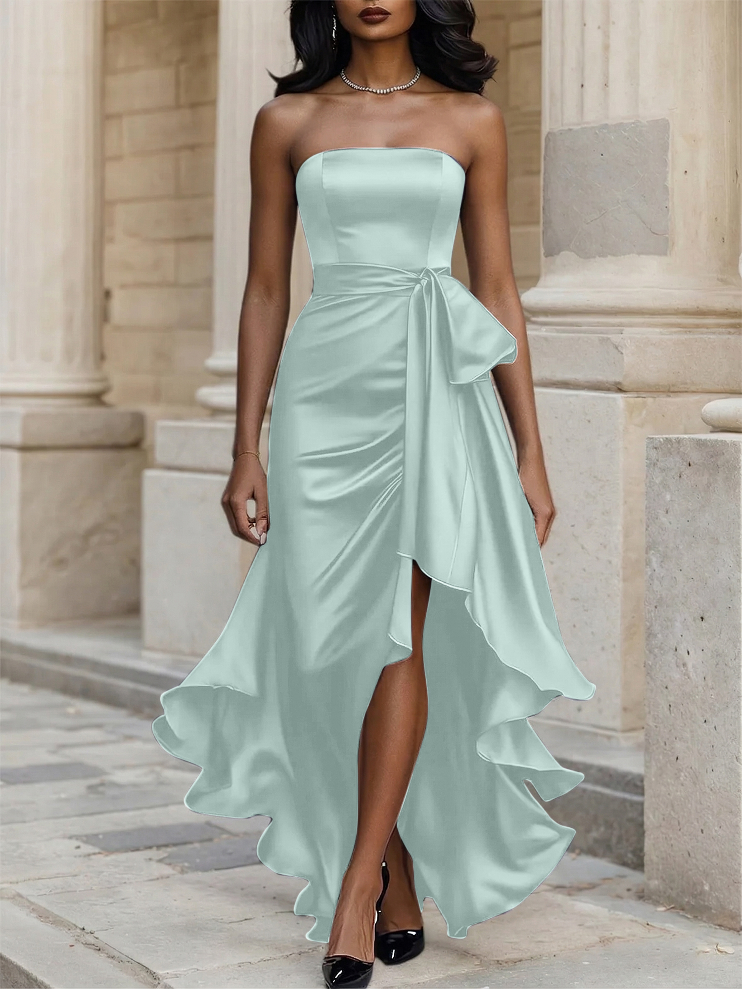 Glamorous Formal Dress Midnight Navy Strapless High-Low Satin Gown Midi Dress