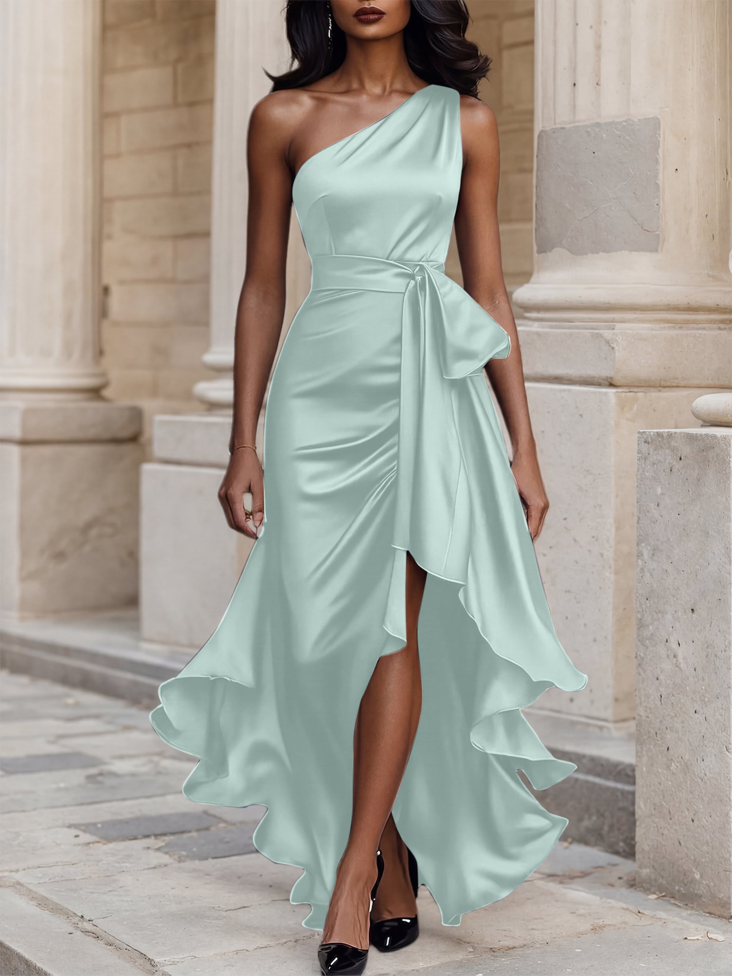 Glamorous Formal Dress Midnight Navy One Shoulder High-Low Satin Gown Midi Dress