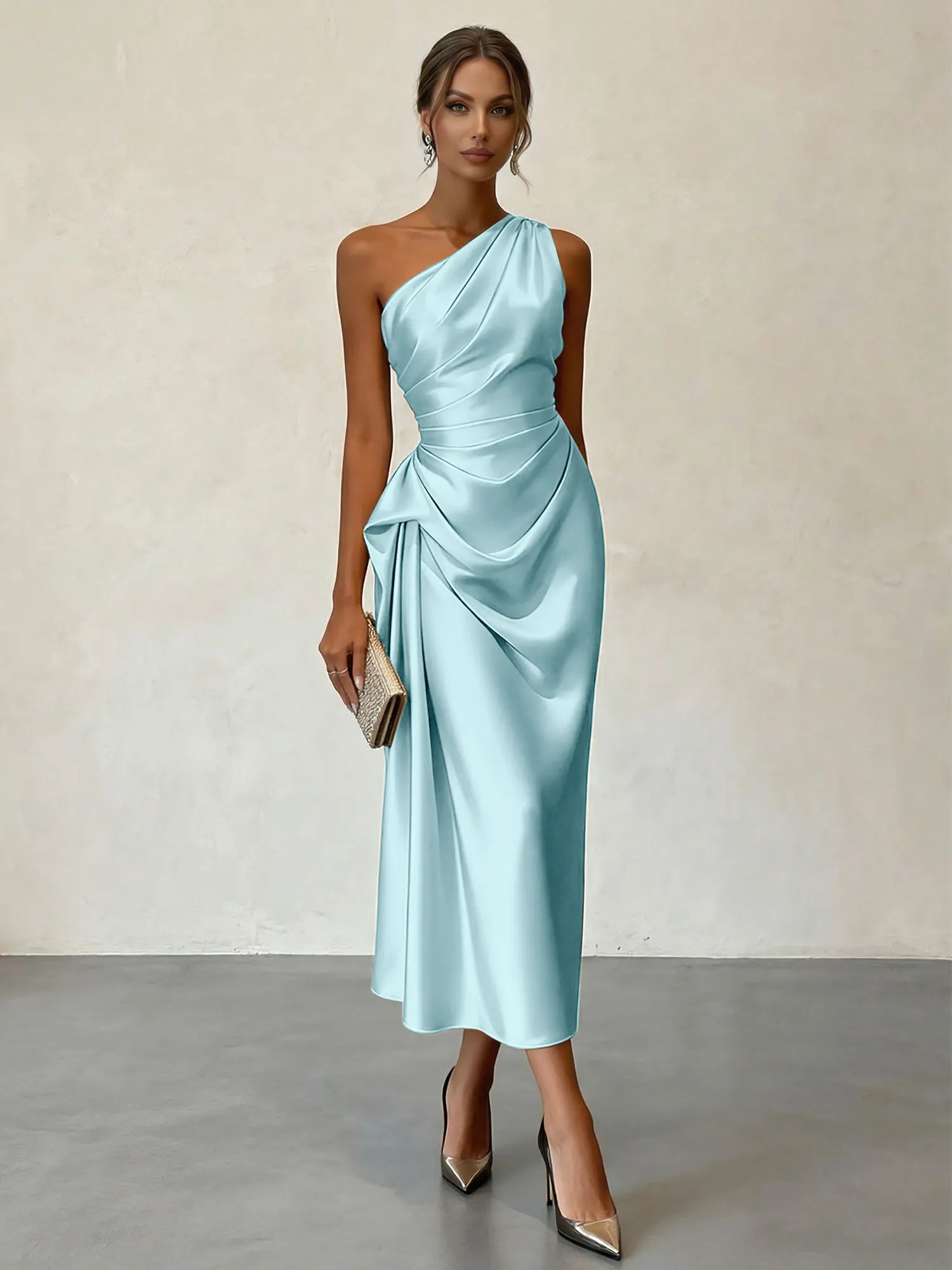 One-Shoulder Ruched Satin Midi Evening Dress with Draped Detail