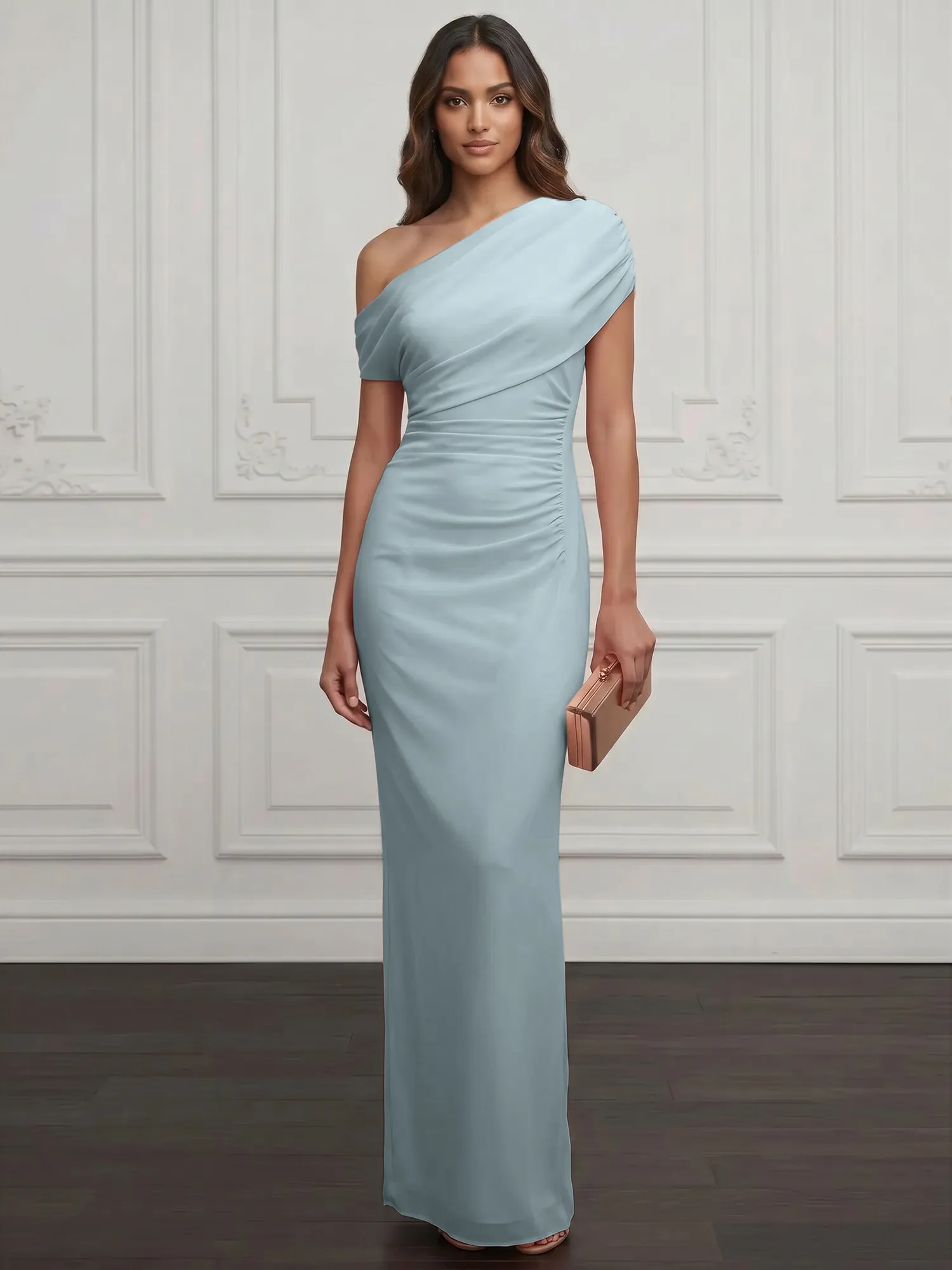 One-Shoulder Draped Chiffon Evening Gown