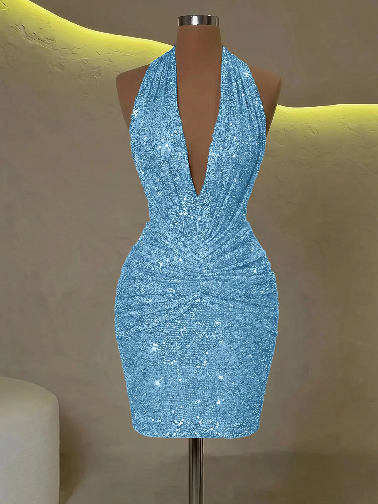 Sequin Halter Deep V-Neck Bodycon Homecoming Dress Mini Dress